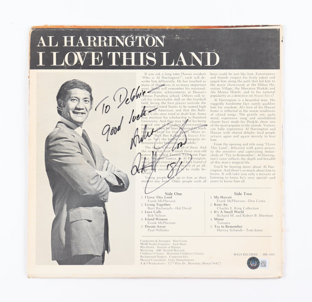 Al Harrington Signed "I Love this Land" Vinyl Record Album Inscribed "Good Luck" & "Aloha '81" (Beckett) at PristineAuction.com Al Harrington Signed "I Love this Land" Vinyl Record Album Inscribed "Good Luck" & "Aloha '81" (Beckett) at PristineAuction.com
