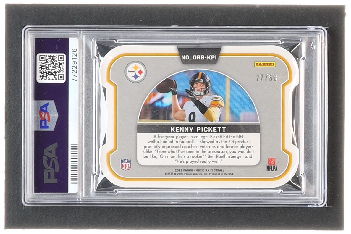 Kenny Pickett 2022 Panini Obsidian Orbital Electric Etch Orange #15 RC #27/50 (PSA 9) at PristineAuction.com Kenny Pickett 2022 Panini Obsidian Orbital Electric Etch Orange #15 RC #27/50 (PSA 9) at PristineAuction.com