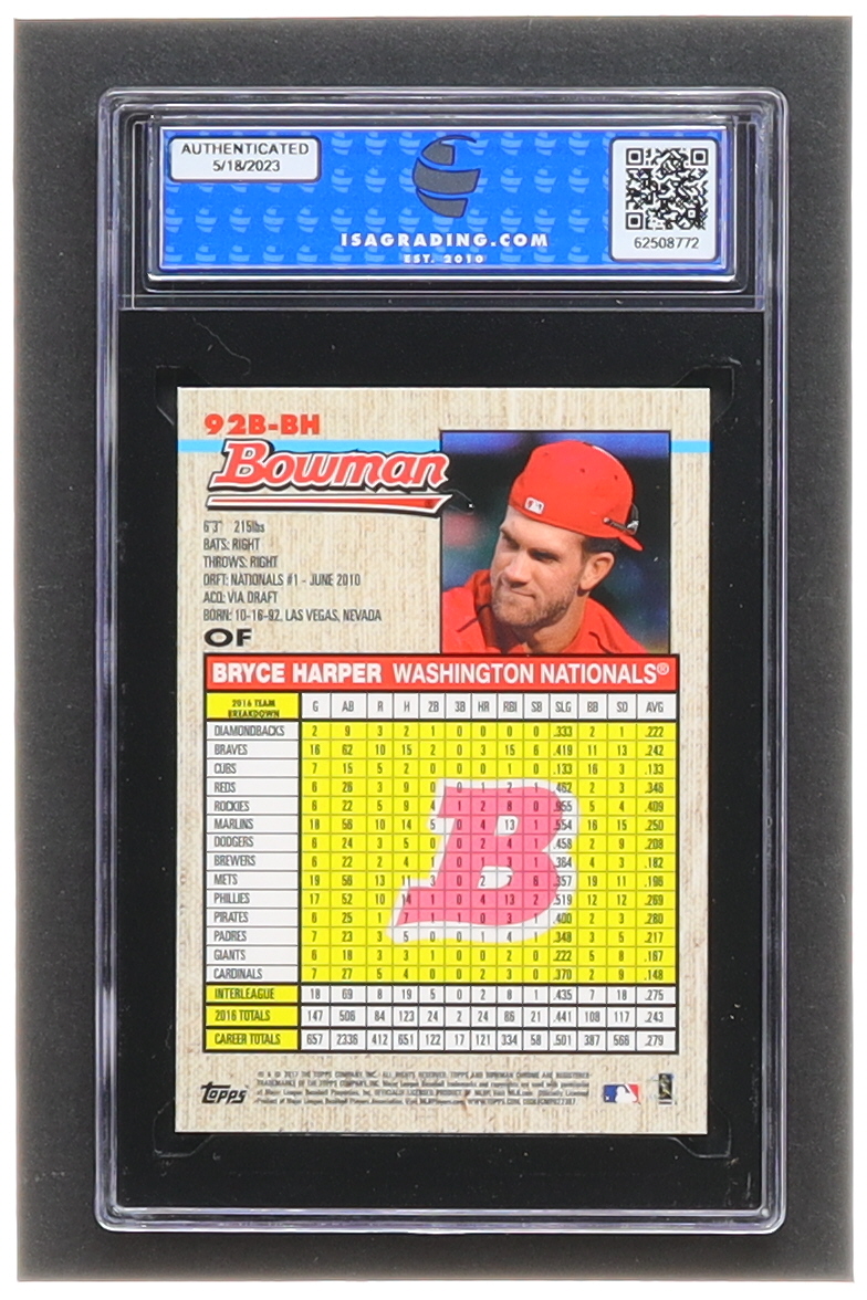 Bryce Harper 2017 Bowman Chrome '92 Bowman Refractors #92BBH (ISA 9) at PristineAuction.com Bryce Harper 2017 Bowman Chrome '92 Bowman Refractors #92BBH (ISA 9) at PristineAuction.com