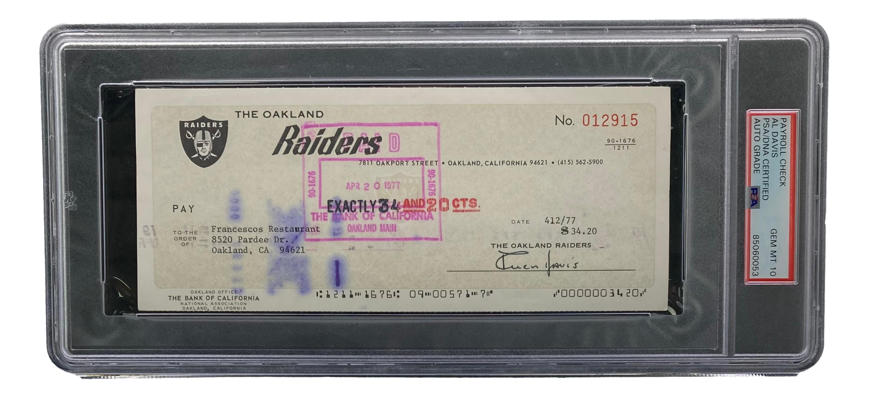 Al Davis Signed Raiders Personal Bank Check (PSA | Autograph Graded 10) at PristineAuction.com Al Davis Signed Raiders Personal Bank Check (PSA | Autograph Graded 10) at PristineAuction.com