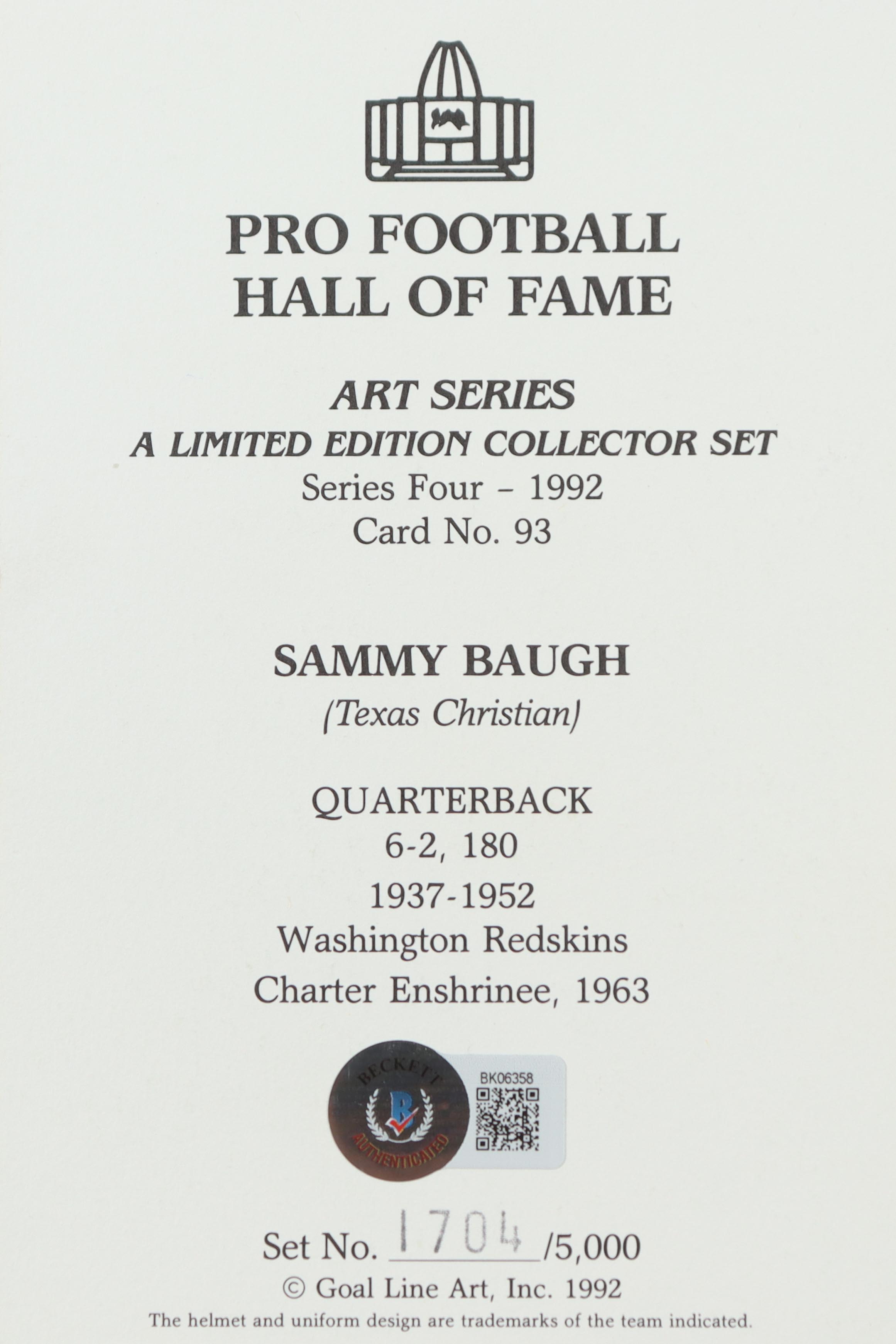 Sammy Baugh Signed Raiders LE Hall of Fame 4x6 Postcard Inscribed "HOF 63" (Beckett) at PristineAuction.com Sammy Baugh Signed Raiders LE Hall of Fame 4x6 Postcard Inscribed "HOF 63" (Beckett) at PristineAuction.com