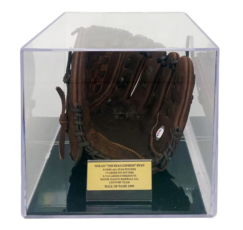 Nolan Ryan Signed Vintage Rawlings Player Preferred Baseball Glove Inscribed "HOF 99", "5,714 K's" & "7 No Hitters" with Display Case (PSA) at PristineAuction.com Nolan Ryan Signed Vintage Rawlings Player Preferred Baseball Glove Inscribed "HOF 99", "5,714 K's" & "7 No Hitters" with Display Case (PSA) at PristineAuction.com