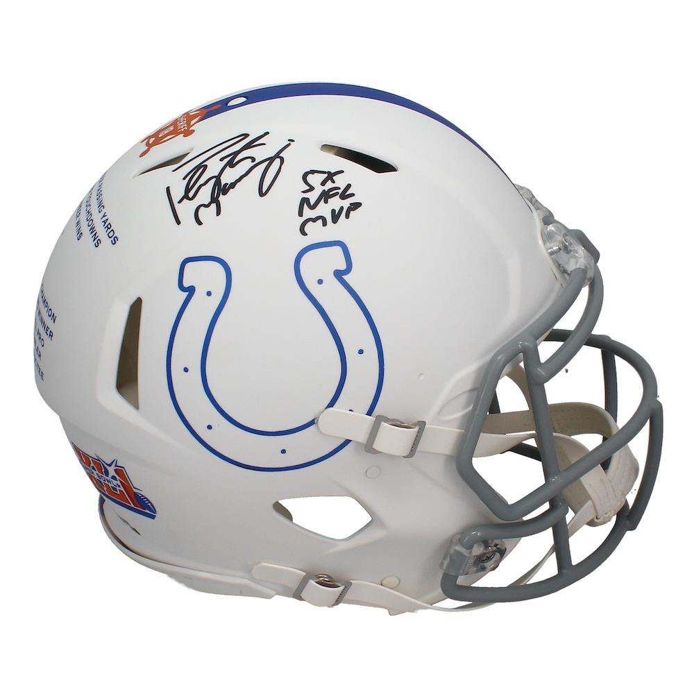Peyton Manning Signed LE Colts / Broncos Commemorative Retirement Full-Size Authentic On-Field Speed Helmet Inscribed "5x NFL MVP" (Fanatics) at PristineAuction.com Peyton Manning Signed LE Colts / Broncos Commemorative Retirement Full-Size Authentic On-Field Speed Helmet Inscribed "5x NFL MVP" (Fanatics) at PristineAuction.com