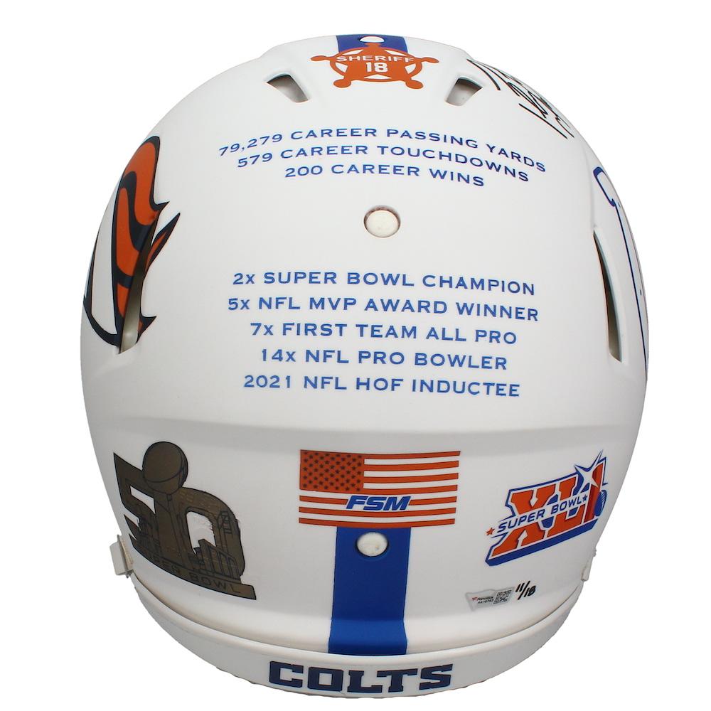 Peyton Manning Signed LE Colts / Broncos Commemorative Retirement Full-Size Authentic On-Field Speed Helmet Inscribed "5x NFL MVP" (Fanatics) at PristineAuction.com Peyton Manning Signed LE Colts / Broncos Commemorative Retirement Full-Size Authentic On-Field Speed Helmet Inscribed "5x NFL MVP" (Fanatics) at PristineAuction.com