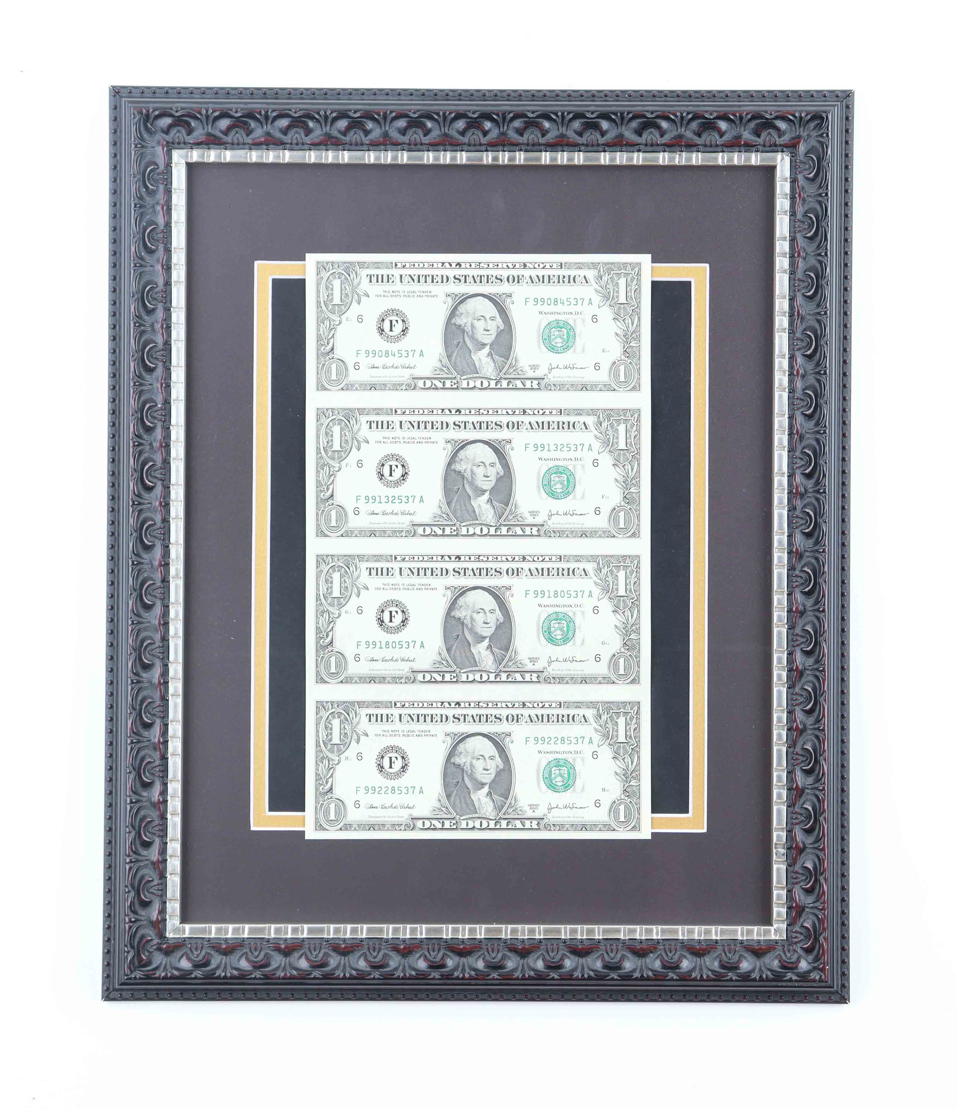 2003 U.S. $1 Dollar Bill Custom Framed Uncut Sheet Of (4) Bills at PristineAuction.com 2003 U.S. $1 Dollar Bill Custom Framed Uncut Sheet Of (4) Bills at PristineAuction.com