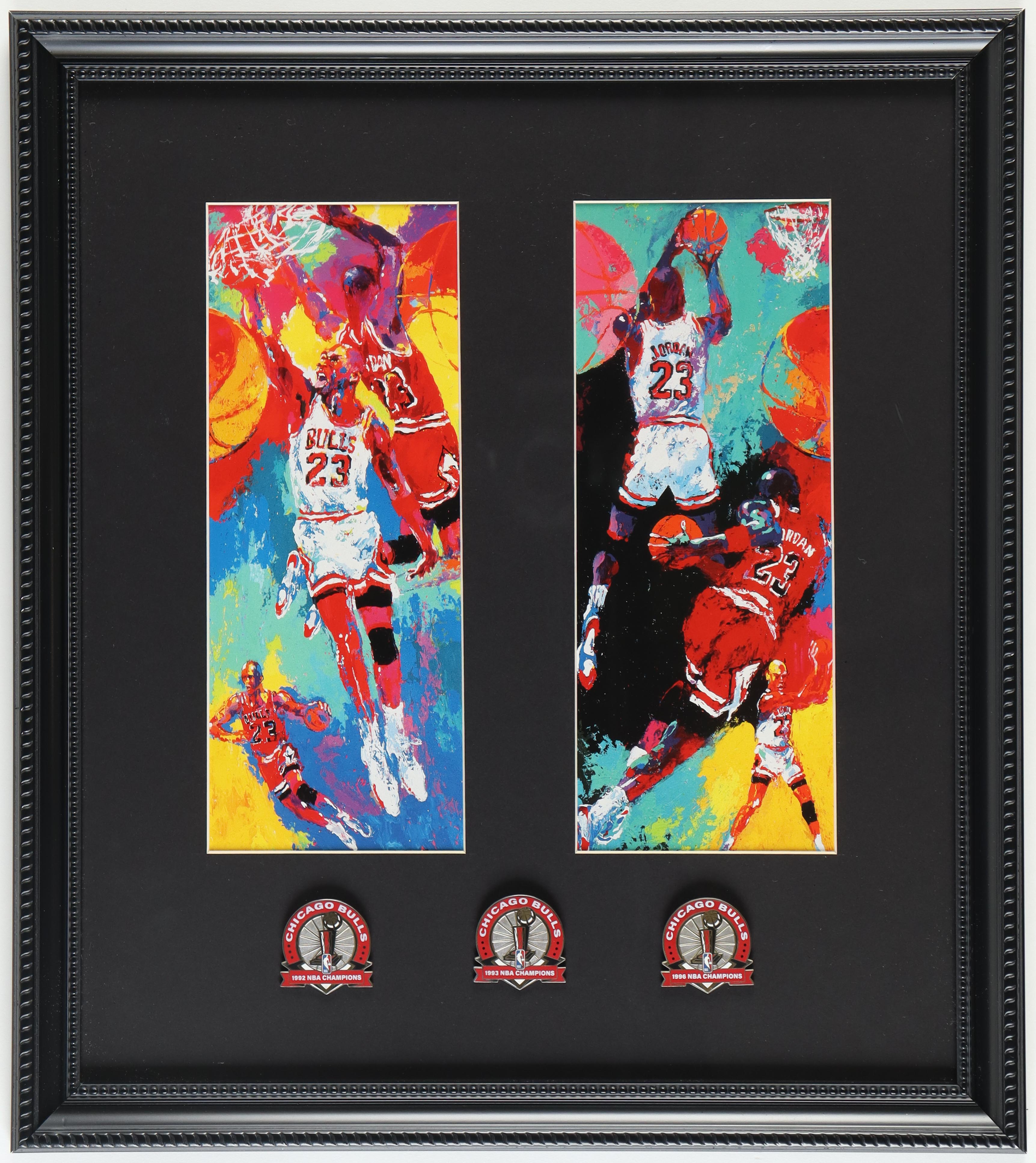 LeRoy Neiman "Michael 'Air' Jordan" Set of (2) Custom Framed Prints Display with (3) LE Chicago Bulls Championship Pins at PristineAuction.com LeRoy Neiman "Michael 'Air' Jordan" Set of (2) Custom Framed Prints Display with (3) LE Chicago Bulls Championship Pins at PristineAuction.com