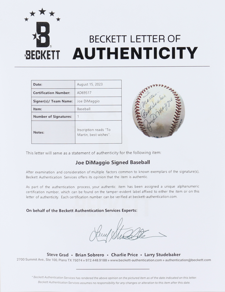 Joe DiMaggio Signed OAL Baseball "Best Wishes" (Beckett) at PristineAuction.com Joe DiMaggio Signed OAL Baseball "Best Wishes" (Beckett) at PristineAuction.com