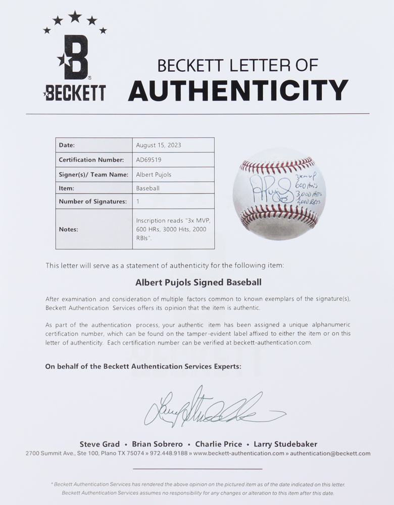 Albert Pujols Signed OML Baseball Inscribed "3x MVP, 600 HR's, 3000 Hits, 2000 RBI's" (Beckett) at PristineAuction.com Albert Pujols Signed OML Baseball Inscribed "3x MVP, 600 HR's, 3000 Hits, 2000 RBI's" (Beckett) at PristineAuction.com