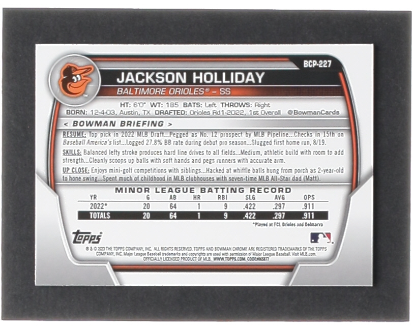 Jackson Holliday 2023 Bowman Chrome Prospects #BCP227 at PristineAuction.com Jackson Holliday 2023 Bowman Chrome Prospects #BCP227 at PristineAuction.com