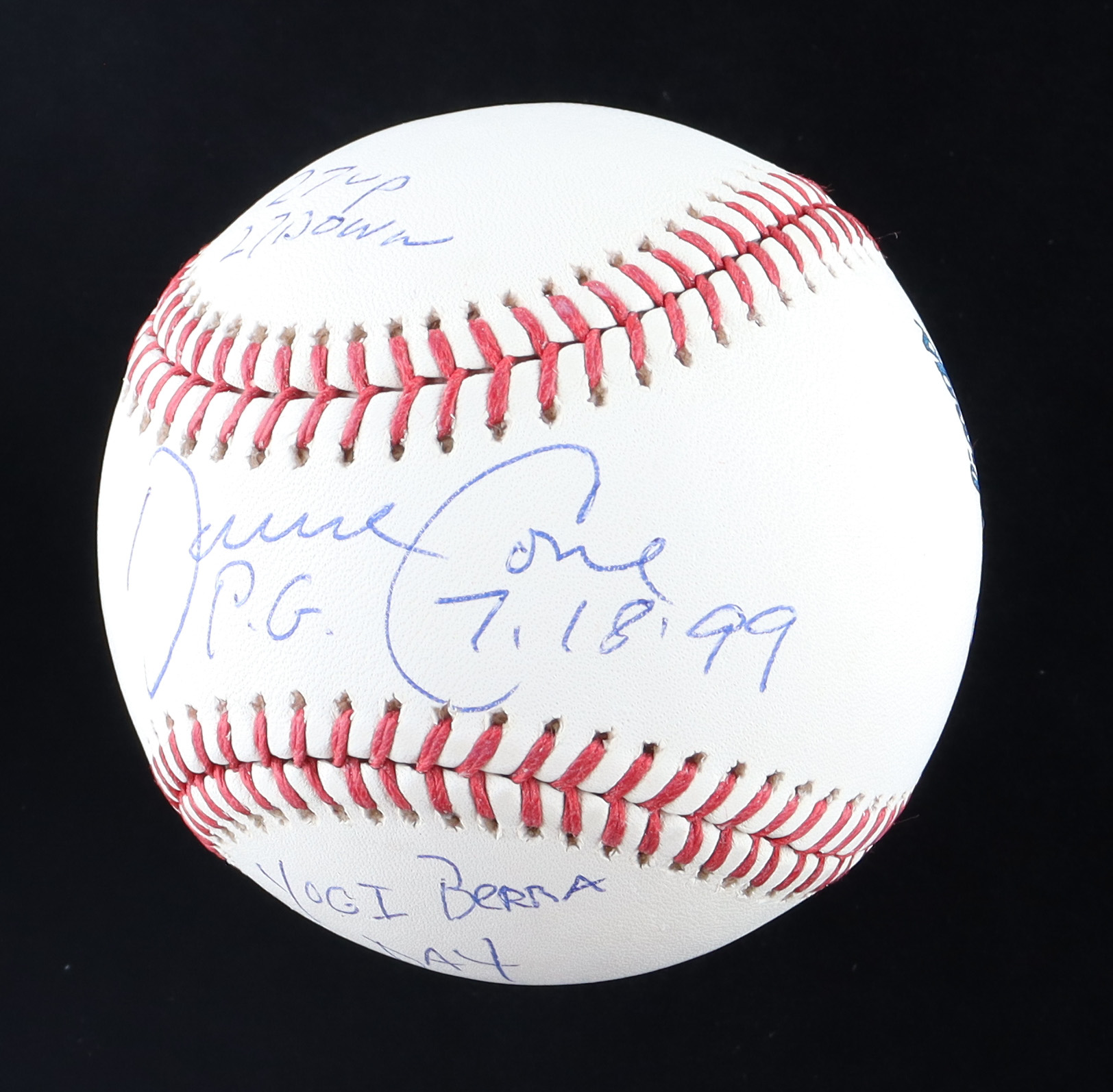 David Cone Signed OML Baseball Inscribed "P.G. 7-18-99", "27 up 27 down" & "Yogi Berra Day" (Beckett) at PristineAuction.com David Cone Signed OML Baseball Inscribed "P.G. 7-18-99", "27 up 27 down" & "Yogi Berra Day" (Beckett) at PristineAuction.com