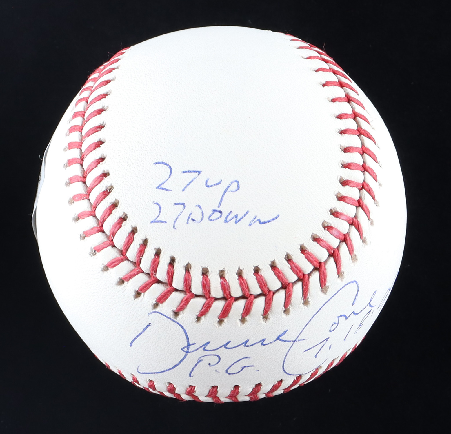 David Cone Signed OML Baseball Inscribed "P.G. 7-18-99", "27 up 27 down" & "Yogi Berra Day" (Beckett) at PristineAuction.com David Cone Signed OML Baseball Inscribed "P.G. 7-18-99", "27 up 27 down" & "Yogi Berra Day" (Beckett) at PristineAuction.com