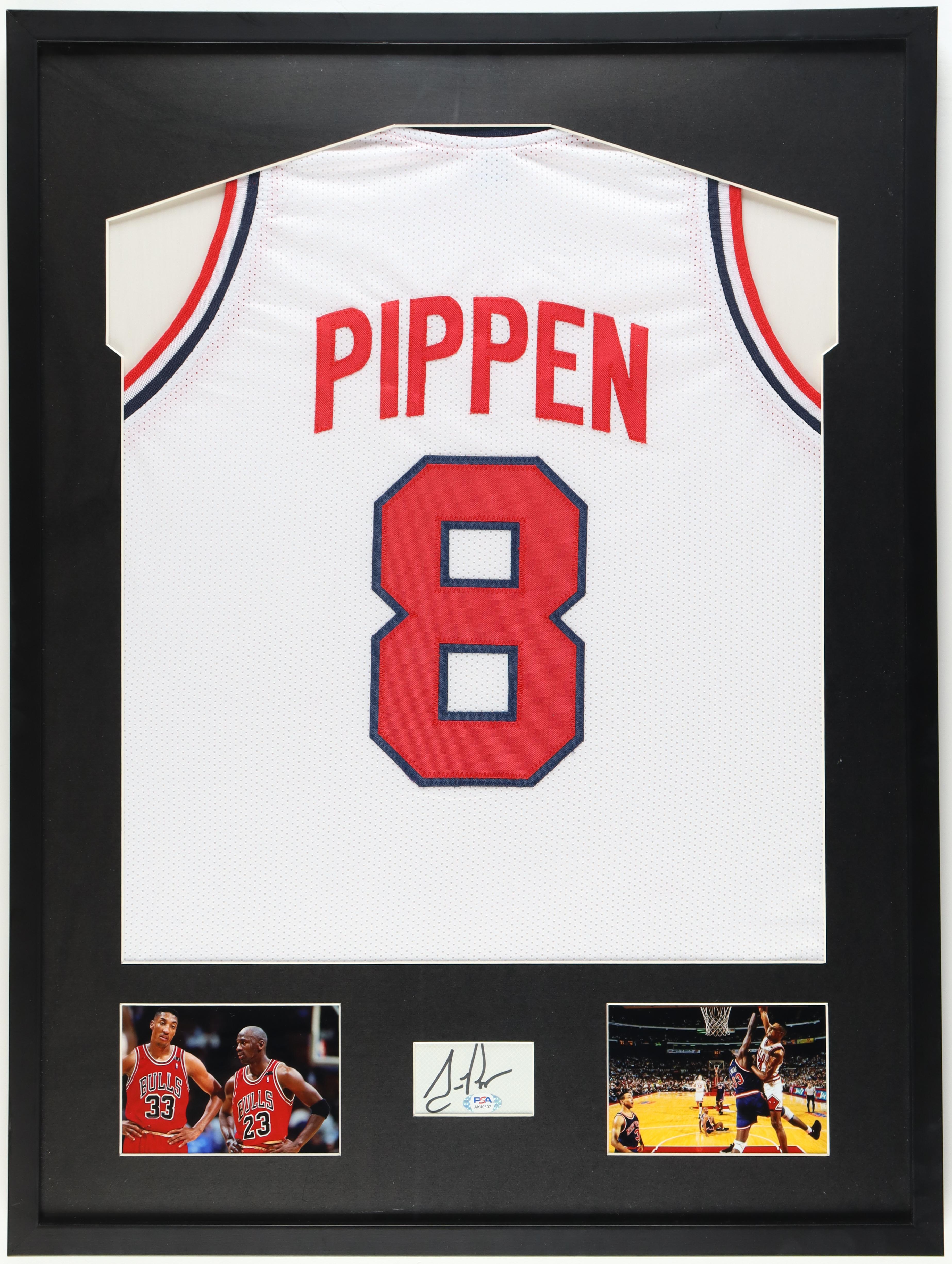 Scottie Pippen Signed Custom Framed Cut Display with Jersey (PSA) at PristineAuction.com Scottie Pippen Signed Custom Framed Cut Display with Jersey (PSA) at PristineAuction.com