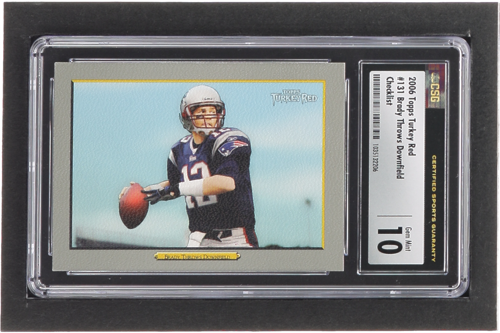 Tom Brady 2006 Topps Turkey Red #131 Brady Throws Downfield / Checklist Back (CSG 10) at PristineAuction.com Tom Brady 2006 Topps Turkey Red #131 Brady Throws Downfield / Checklist Back (CSG 10) at PristineAuction.com