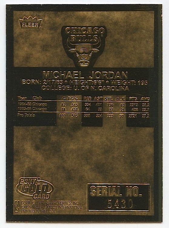 1986-87 Fleer Michael Jordan RC NBA 23K Gold Limited Edition Card at PristineAuction.com 1986-87 Fleer Michael Jordan RC NBA 23K Gold Limited Edition Card at PristineAuction.com
