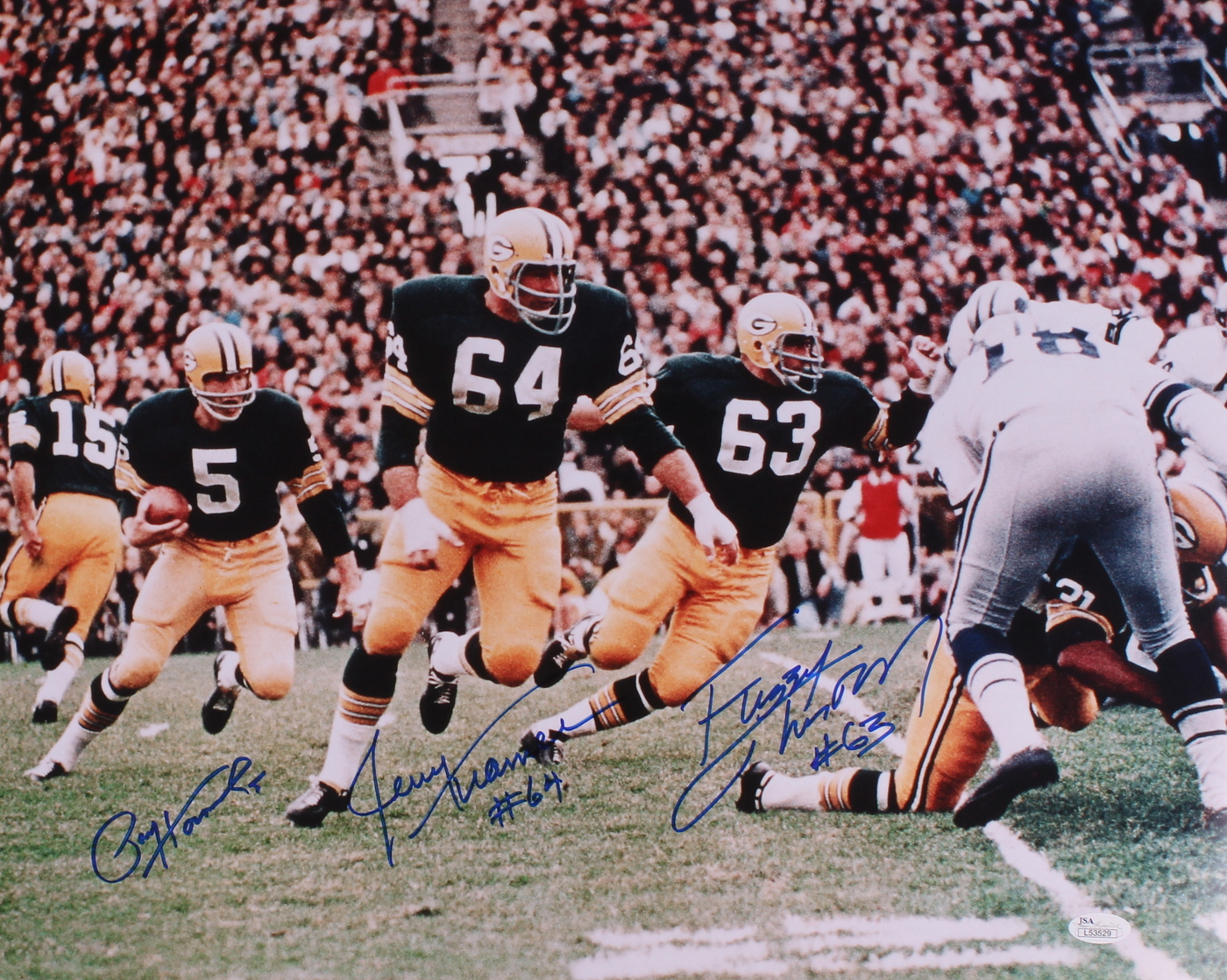 Paul Hornung, Jerry Kramer, & Fred Thurston Signed "Packer Sweep" 16x20 Photo (JSA COA) at PristineAuction.com Paul Hornung, Jerry Kramer, & Fred Thurston Signed "Packer Sweep" 16x20 Photo (JSA COA) at PristineAuction.com