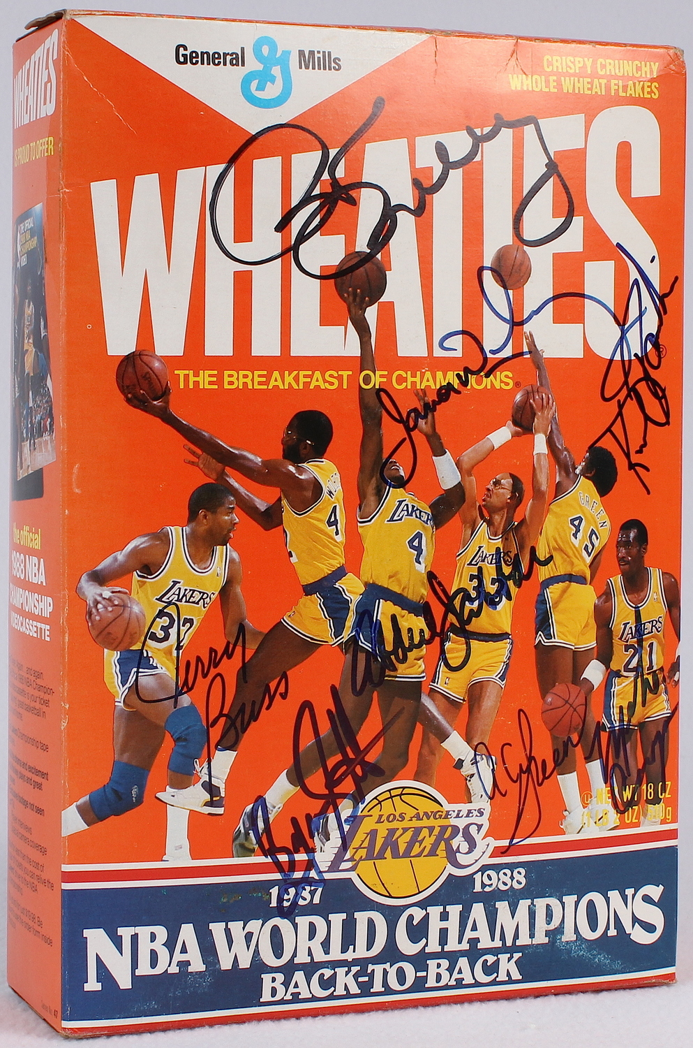 Lakers Wheaties Box Signed by (8) with Kareem Abdul-Jabbar, Jerry Buss, James Worthy (JSA ALOA) at PristineAuction.com Lakers Wheaties Box Signed by (8) with Kareem Abdul-Jabbar, Jerry Buss, James Worthy (JSA ALOA) at PristineAuction.com