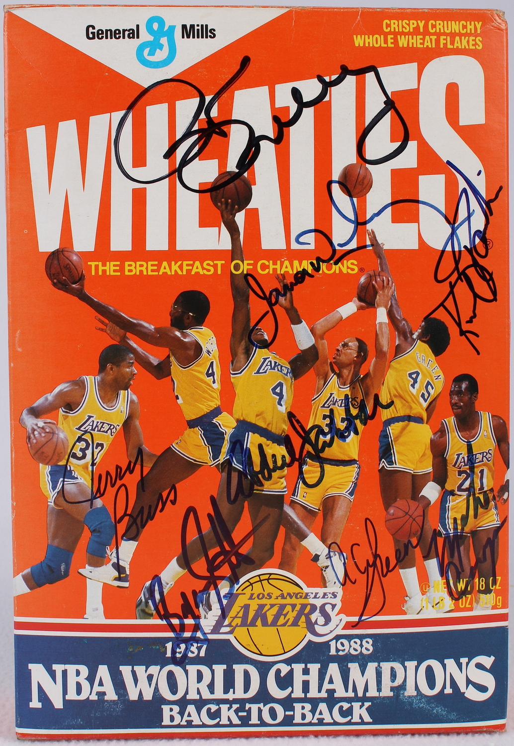 Lakers Wheaties Box Signed by (8) with Kareem Abdul-Jabbar, Jerry Buss, James Worthy (JSA ALOA) at PristineAuction.com Lakers Wheaties Box Signed by (8) with Kareem Abdul-Jabbar, Jerry Buss, James Worthy (JSA ALOA) at PristineAuction.com