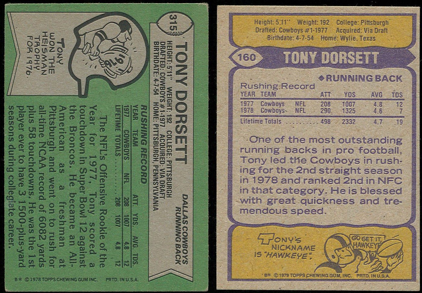 Lot of (2) Tony Dorsett Football Cards with 1979 Topps #160 & 1978 Topps #315 RC at PristineAuction.com Lot of (2) Tony Dorsett Football Cards with 1979 Topps #160 & 1978 Topps #315 RC at PristineAuction.com