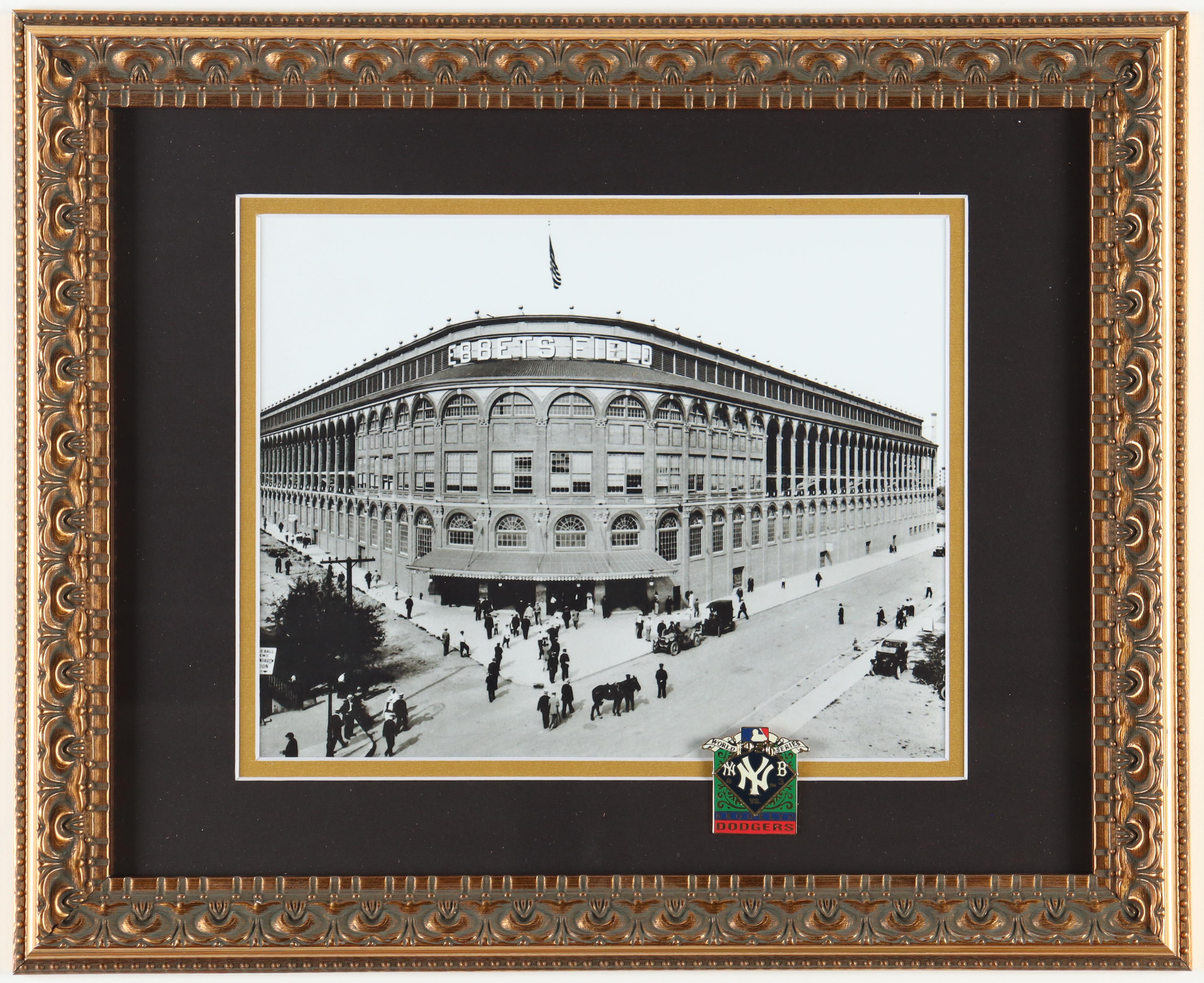 Dodgers Ebbets Field Custom Framed Photo Display With 1956 Dodgers World Series Pin (Beckett) at PristineAuction.com Dodgers Ebbets Field Custom Framed Photo Display With 1956 Dodgers World Series Pin (Beckett) at PristineAuction.com