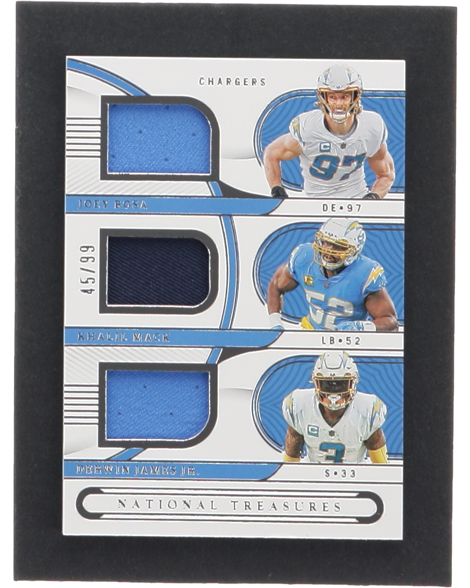 Joey Bosa / Derwin James Jr. / Khalil Mack 2022 Panini National Treasures NFL Gear Trio Materials #17 #45/99 at PristineAuction.com Joey Bosa / Derwin James Jr. / Khalil Mack 2022 Panini National Treasures NFL Gear Trio Materials #17 #45/99 at PristineAuction.com