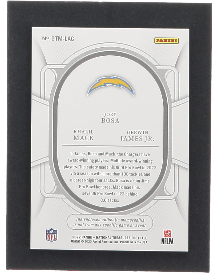 Joey Bosa / Derwin James Jr. / Khalil Mack 2022 Panini National Treasures NFL Gear Trio Materials #17 #45/99 at PristineAuction.com Joey Bosa / Derwin James Jr. / Khalil Mack 2022 Panini National Treasures NFL Gear Trio Materials #17 #45/99 at PristineAuction.com