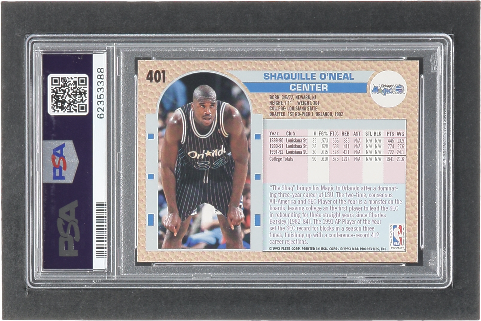 Shaquille O'Neal 1992-93 Fleer #401 RC (PSA 9) at PristineAuction.com Shaquille O'Neal 1992-93 Fleer #401 RC (PSA 9) at PristineAuction.com