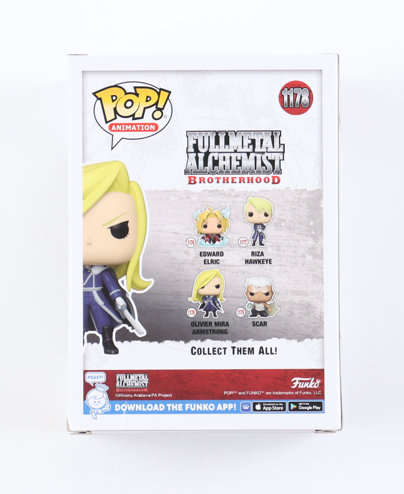 Stephanie Young Signed "Full Metal Alchemist" #1178 Olivier Mira Armstrong Funko Pop! Vinyl Figure Inscribed "Olivier Armstrong" (JSA) at PristineAuction.com Stephanie Young Signed "Full Metal Alchemist" #1178 Olivier Mira Armstrong Funko Pop! Vinyl Figure Inscribed "Olivier Armstrong" (JSA) at PristineAuction.com