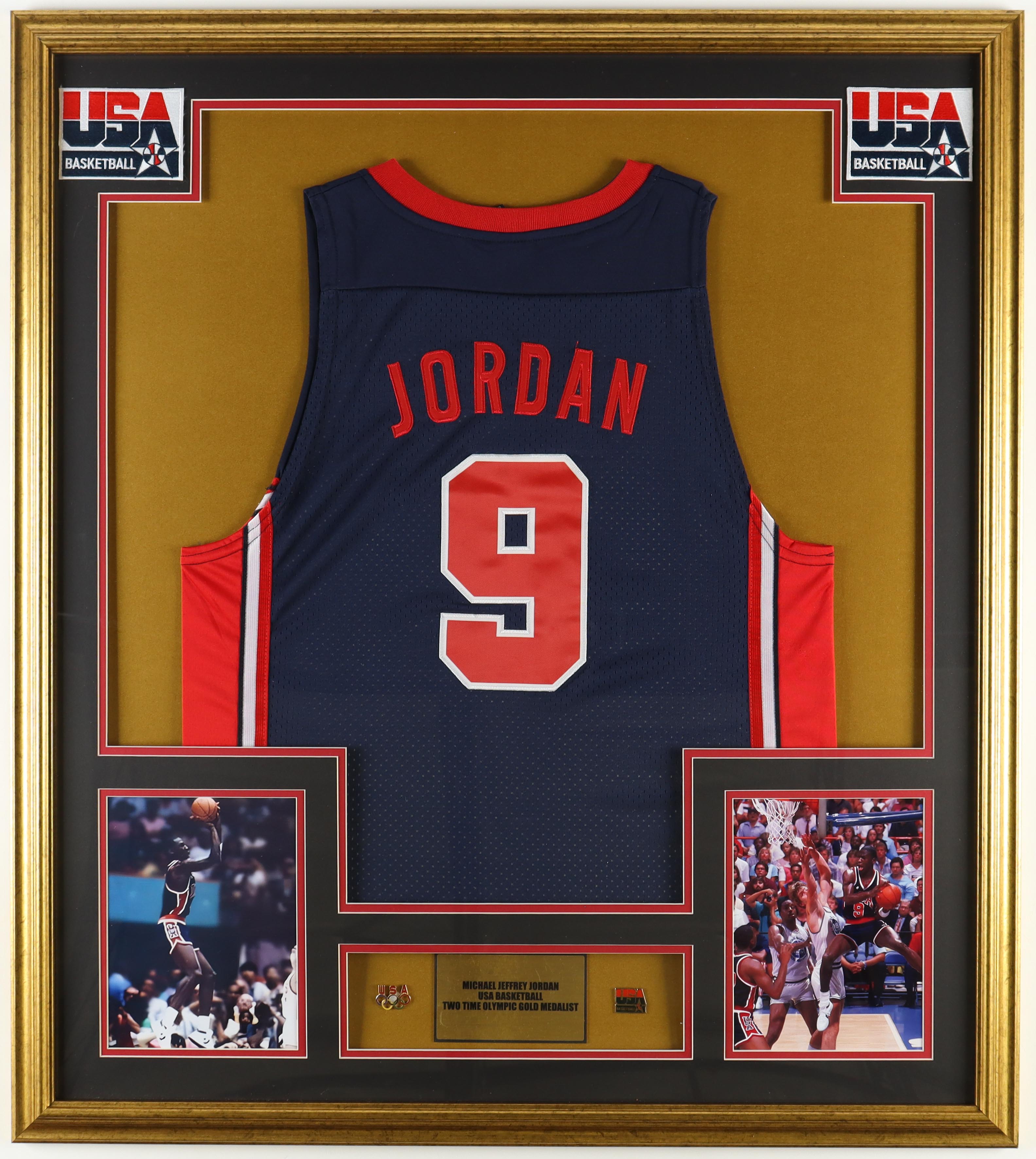 Michael Jordan Team USA Custom Framed Jersey Display with (2) Official USA Basketball & Olympic Pins at PristineAuction.com Michael Jordan Team USA Custom Framed Jersey Display with (2) Official USA Basketball & Olympic Pins at PristineAuction.com