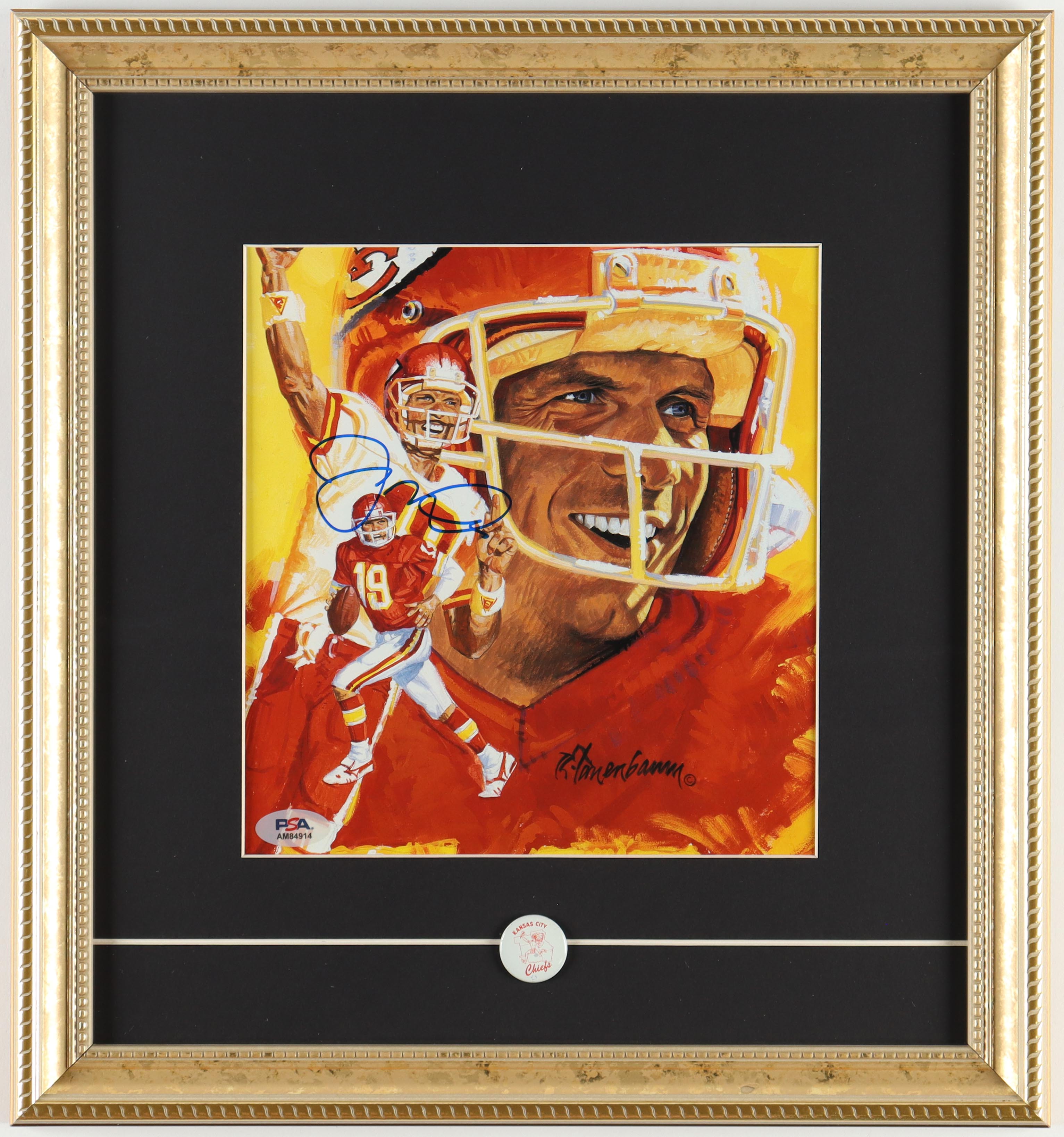 Joe Montana Signed Custom Framed Art Print Display With Vintage 1970's Chiefs Lapel Pin (Beckett) at PristineAuction.com Joe Montana Signed Custom Framed Art Print Display With Vintage 1970's Chiefs Lapel Pin (Beckett) at PristineAuction.com