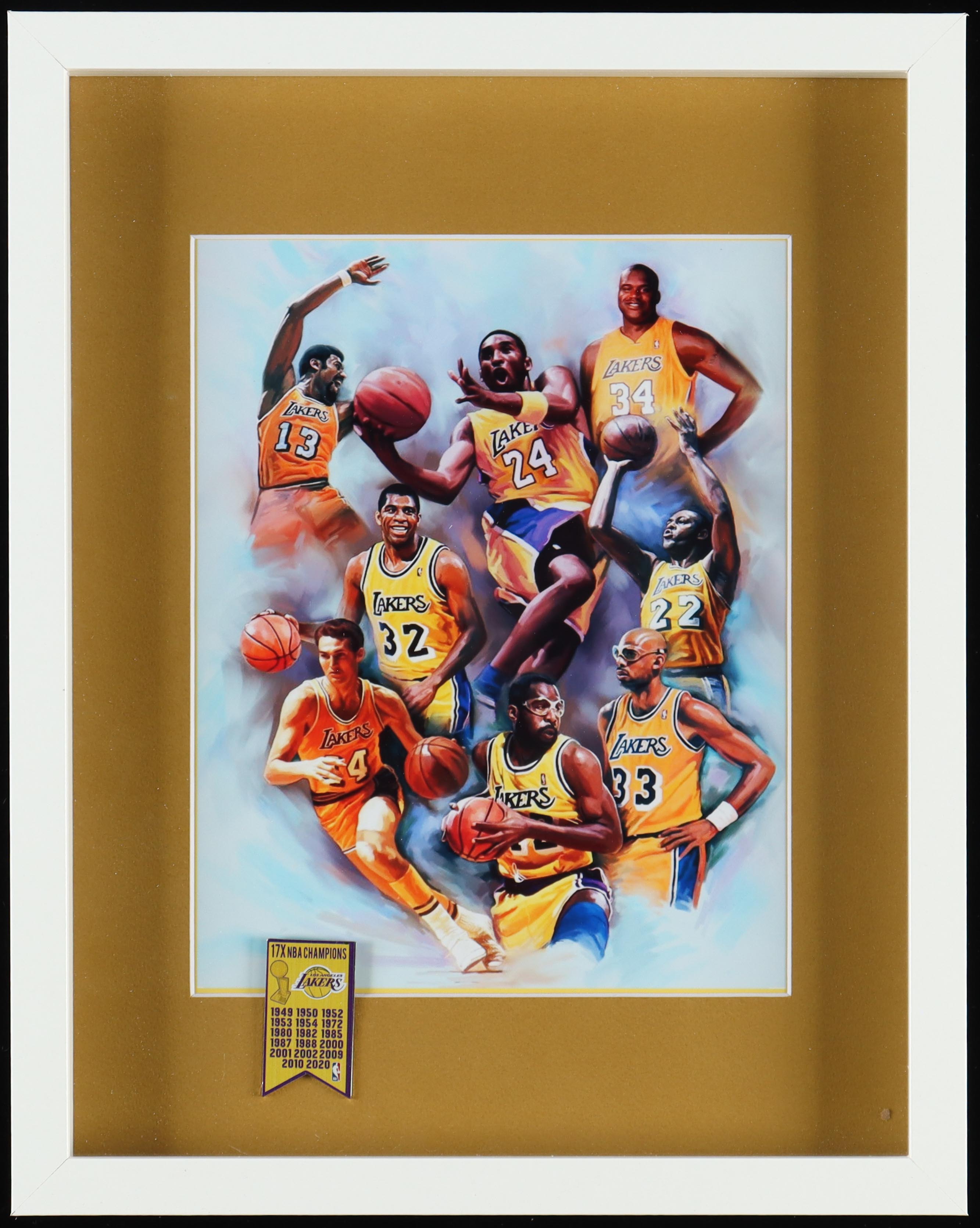 "Lakers Greatest" Custom Framed Shadowbox Art Print Display With Lakers Championship Metal Mini Banner at PristineAuction.com "Lakers Greatest" Custom Framed Shadowbox Art Print Display With Lakers Championship Metal Mini Banner at PristineAuction.com