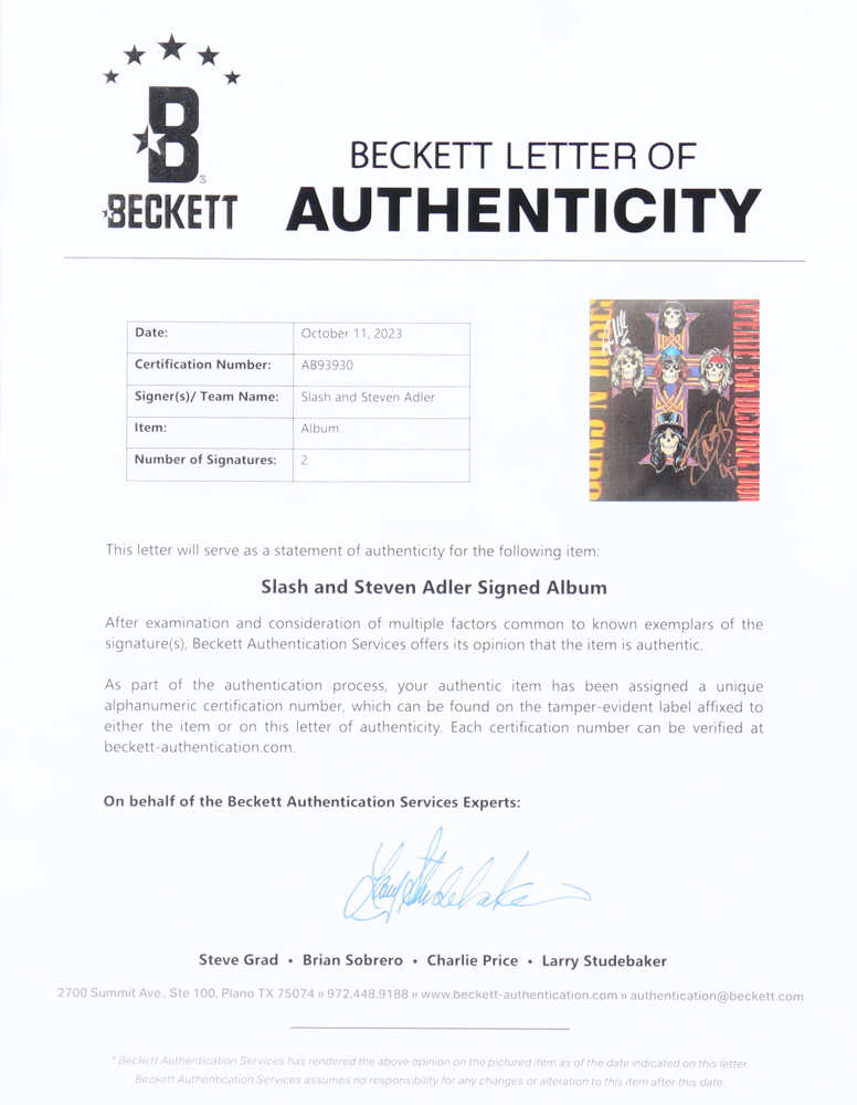 Slash & Steven Adler Signed "Appetite for Destruction" Vinyl Record Album (Beckett) at PristineAuction.com Slash & Steven Adler Signed "Appetite for Destruction" Vinyl Record Album (Beckett) at PristineAuction.com