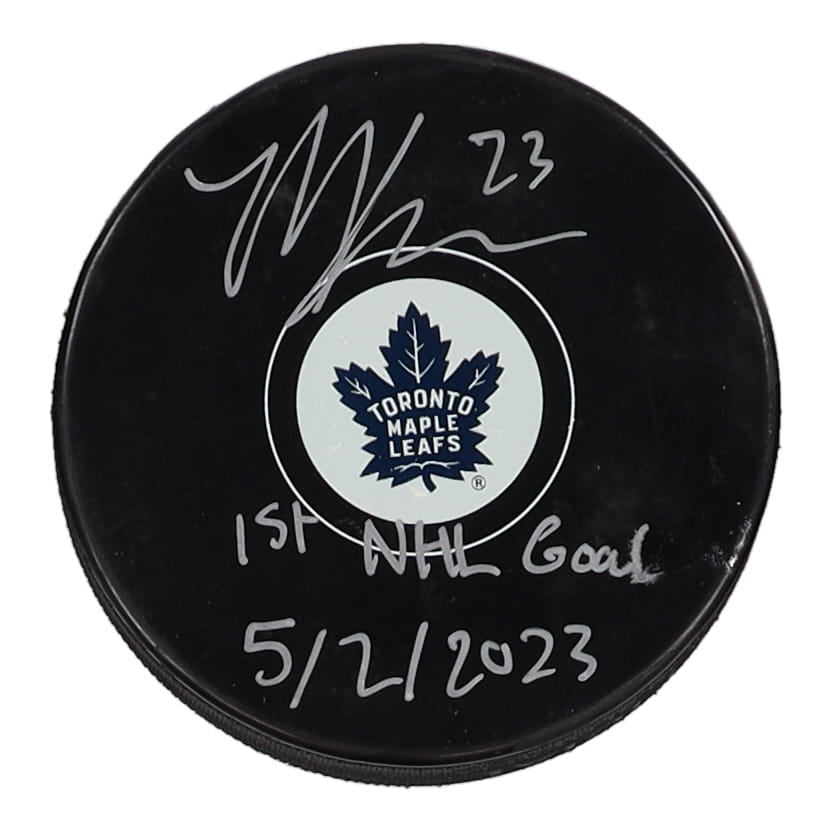 Matthew Knies Signed Maple Leafs Logo Hockey Puck Inscribed "1st NHL Goal" & "5/2/2023" (COJO) at PristineAuction.com Matthew Knies Signed Maple Leafs Logo Hockey Puck Inscribed "1st NHL Goal" & "5/2/2023" (COJO) at PristineAuction.com