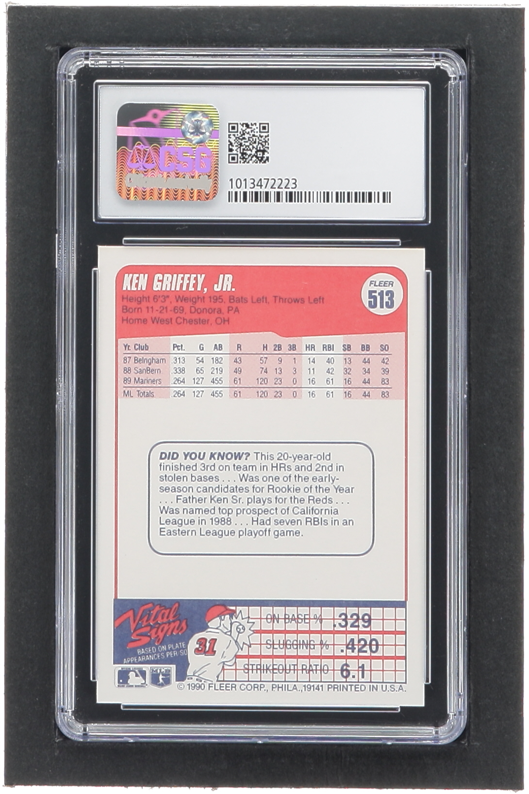 Ken Griffey Jr. 1990 Fleer #513 (CSG 9) at PristineAuction.com Ken Griffey Jr. 1990 Fleer #513 (CSG 9) at PristineAuction.com