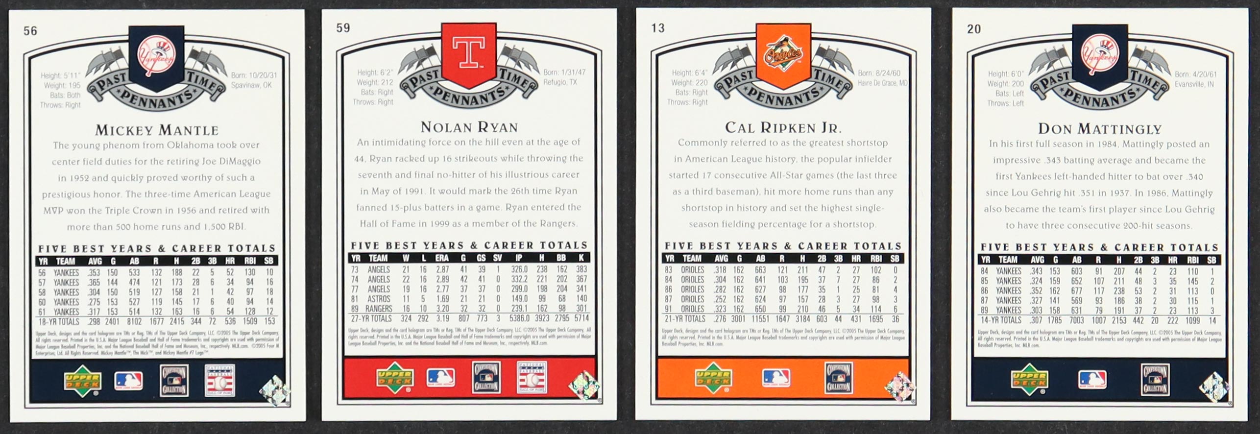 2005 Upper Deck Past Time Pennants In Binder Includes Nolan Ryan #59, Mickey Mantle #56, Cal Ripken Jr. #13 & Don Mattingly #20 at PristineAuction.com 2005 Upper Deck Past Time Pennants In Binder Includes Nolan Ryan #59, Mickey Mantle #56, Cal Ripken Jr. #13 & Don Mattingly #20 at PristineAuction.com