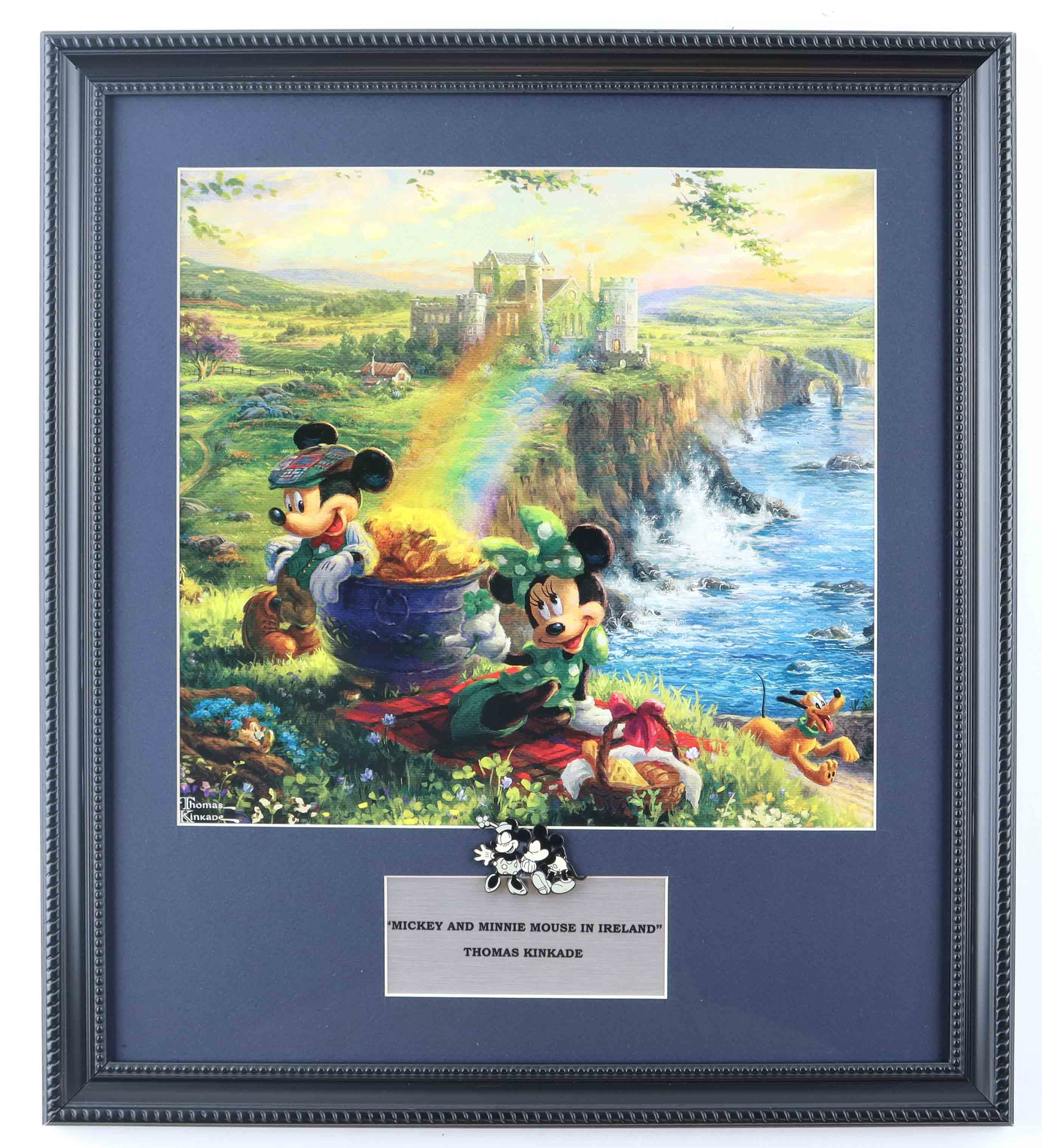 Thomas Kinkade "Mickey and Minnie in Ireland" Custom Framed Print with Mickey & Minnie Mouse Pin at PristineAuction.com Thomas Kinkade "Mickey and Minnie in Ireland" Custom Framed Print with Mickey & Minnie Mouse Pin at PristineAuction.com
