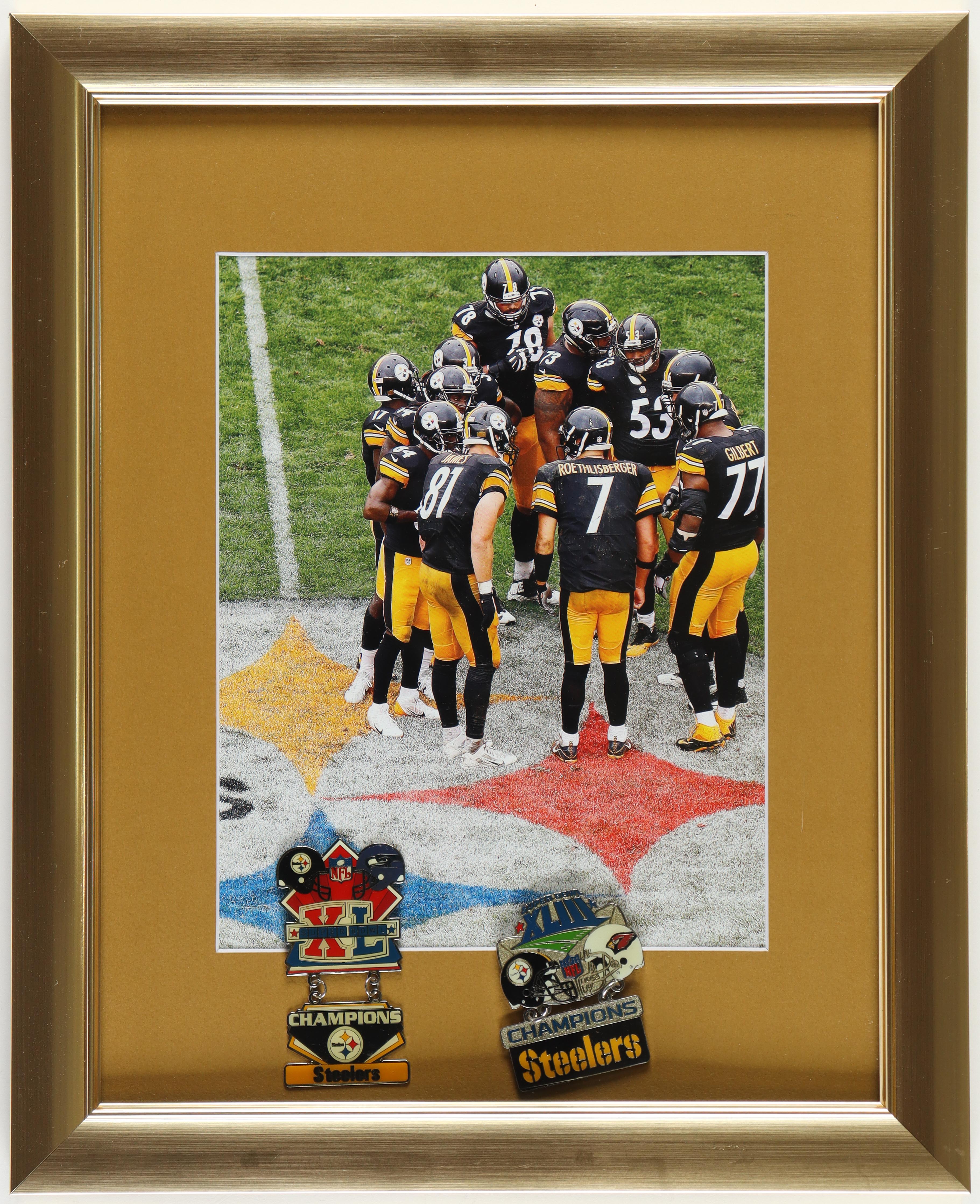 "The Steelers Huddle" Custom Framed Photo Display with (2) Official Super Bowl Championship Pins at PristineAuction.com "The Steelers Huddle" Custom Framed Photo Display with (2) Official Super Bowl Championship Pins at PristineAuction.com