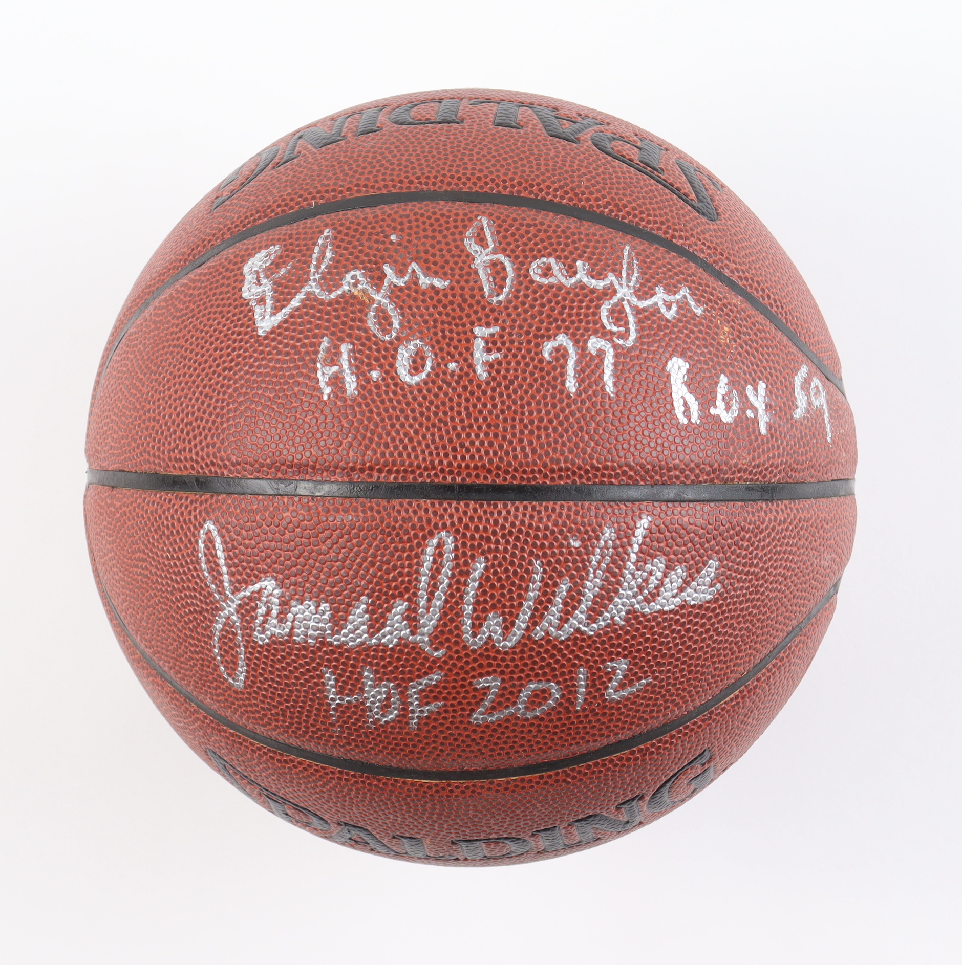 Jamaal Wilkes & Elgin Baylor Signed NBA Basketball with (3) Career Stat Inscriptions (JSA) at PristineAuction.com Jamaal Wilkes & Elgin Baylor Signed NBA Basketball with (3) Career Stat Inscriptions (JSA) at PristineAuction.com
