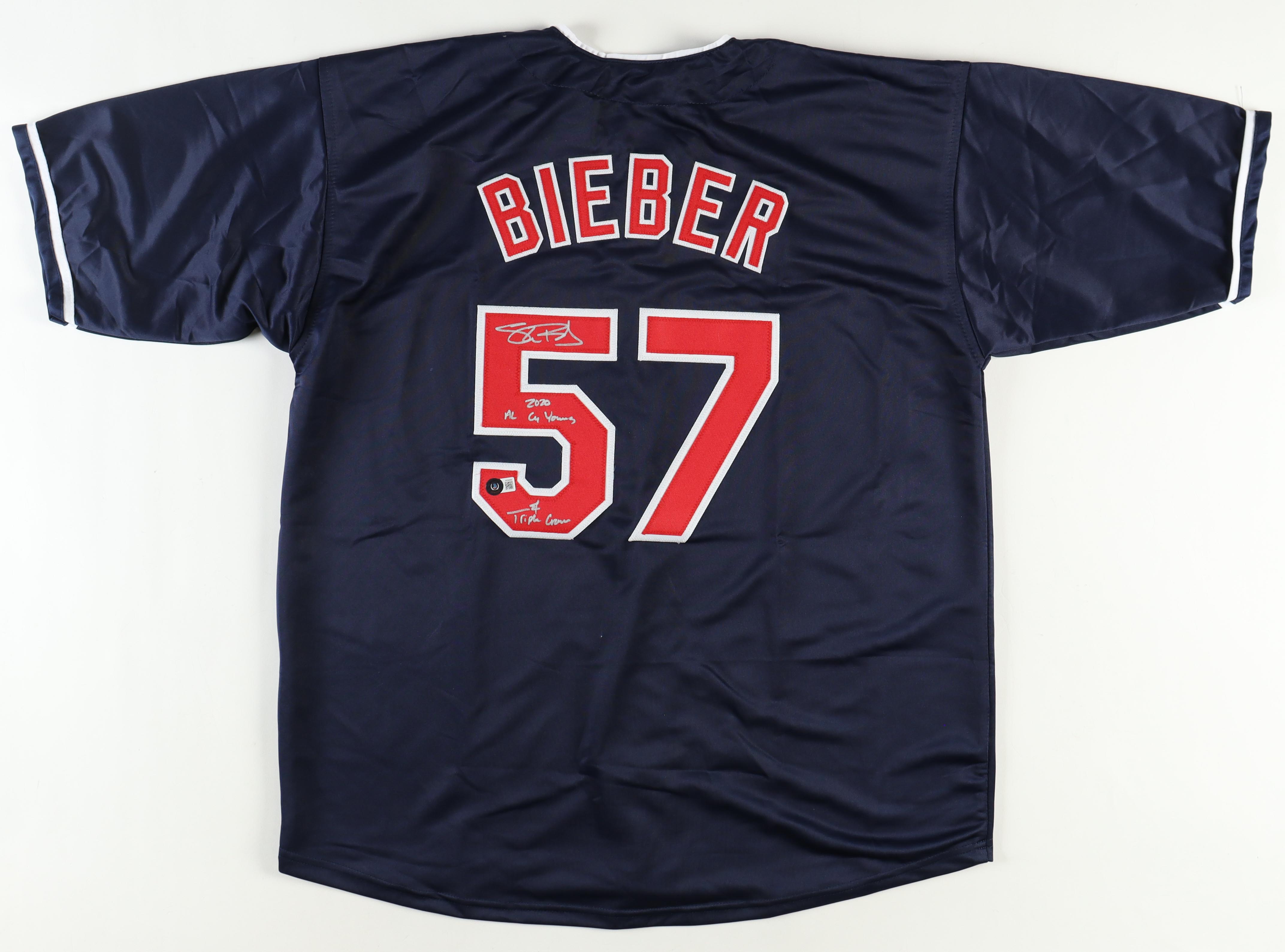 Shane Bieber Signed Jersey Inscribed "2020 AL Cy Young" & "Triple Crown" (Beckett) at PristineAuction.com Shane Bieber Signed Jersey Inscribed "2020 AL Cy Young" & "Triple Crown" (Beckett) at PristineAuction.com