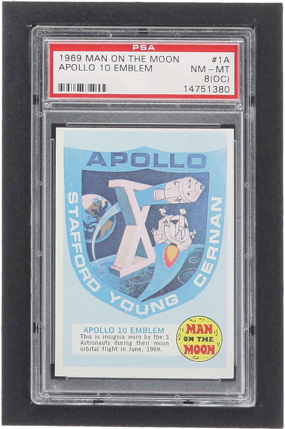 Apollo 10 Emblem 1969 Topps Man on the Moon #1A (PSA 8) (OC) at PristineAuction.com Apollo 10 Emblem 1969 Topps Man on the Moon #1A (PSA 8) (OC) at PristineAuction.com