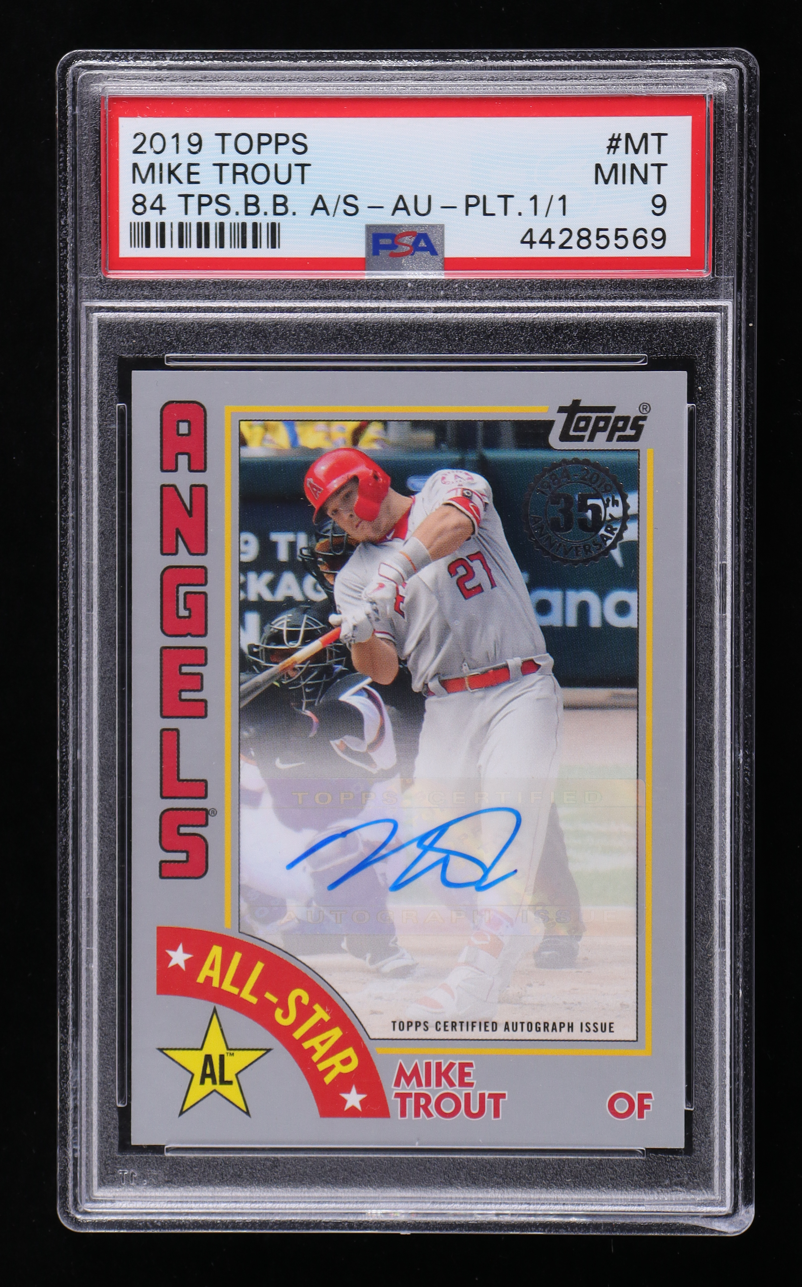 Mike Trout 2019 Topps '84 Topps Autographs Platinum S2 #84ASMT #1/1 (PSA 9) at PristineAuction.com Mike Trout 2019 Topps '84 Topps Autographs Platinum S2 #84ASMT #1/1 (PSA 9) at PristineAuction.com