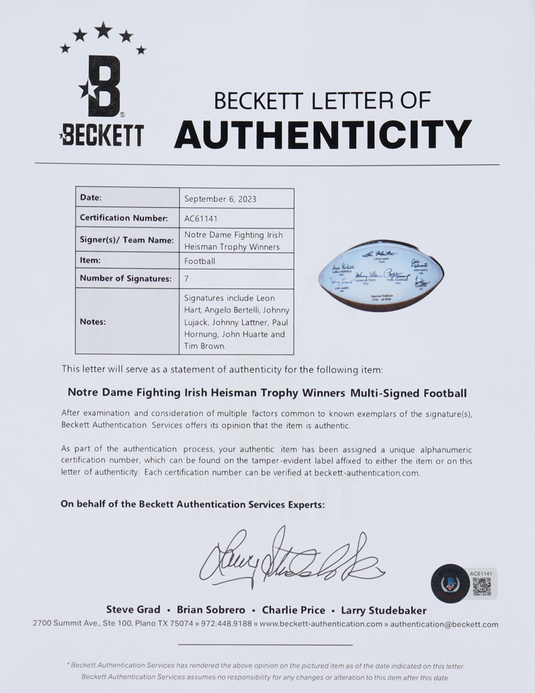 Notre Dame Fighting Irish Heisman Trophy Winners Football Signed by (7) with Leon Hart, Angelo Bertelli, Johnny Lujack, Johnny Lattner (Beckett) at PristineAuction.com Notre Dame Fighting Irish Heisman Trophy Winners Football Signed by (7) with Leon Hart, Angelo Bertelli, Johnny Lujack, Johnny Lattner (Beckett) at PristineAuction.com