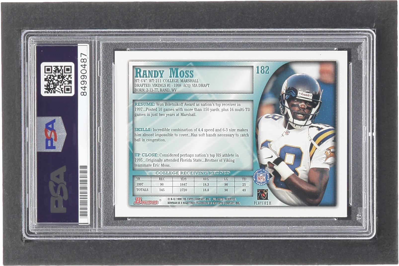 Randy Moss Signed 1998 Bowman #182 RC (PSA | Autograph Graded PSA 10) at PristineAuction.com Randy Moss Signed 1998 Bowman #182 RC (PSA | Autograph Graded PSA 10) at PristineAuction.com