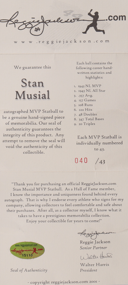 Stan Musial Signed OML Baseball Inscribed With Multiple Career Stats (Reggie Jackson) at PristineAuction.com Stan Musial Signed OML Baseball Inscribed With Multiple Career Stats (Reggie Jackson) at PristineAuction.com