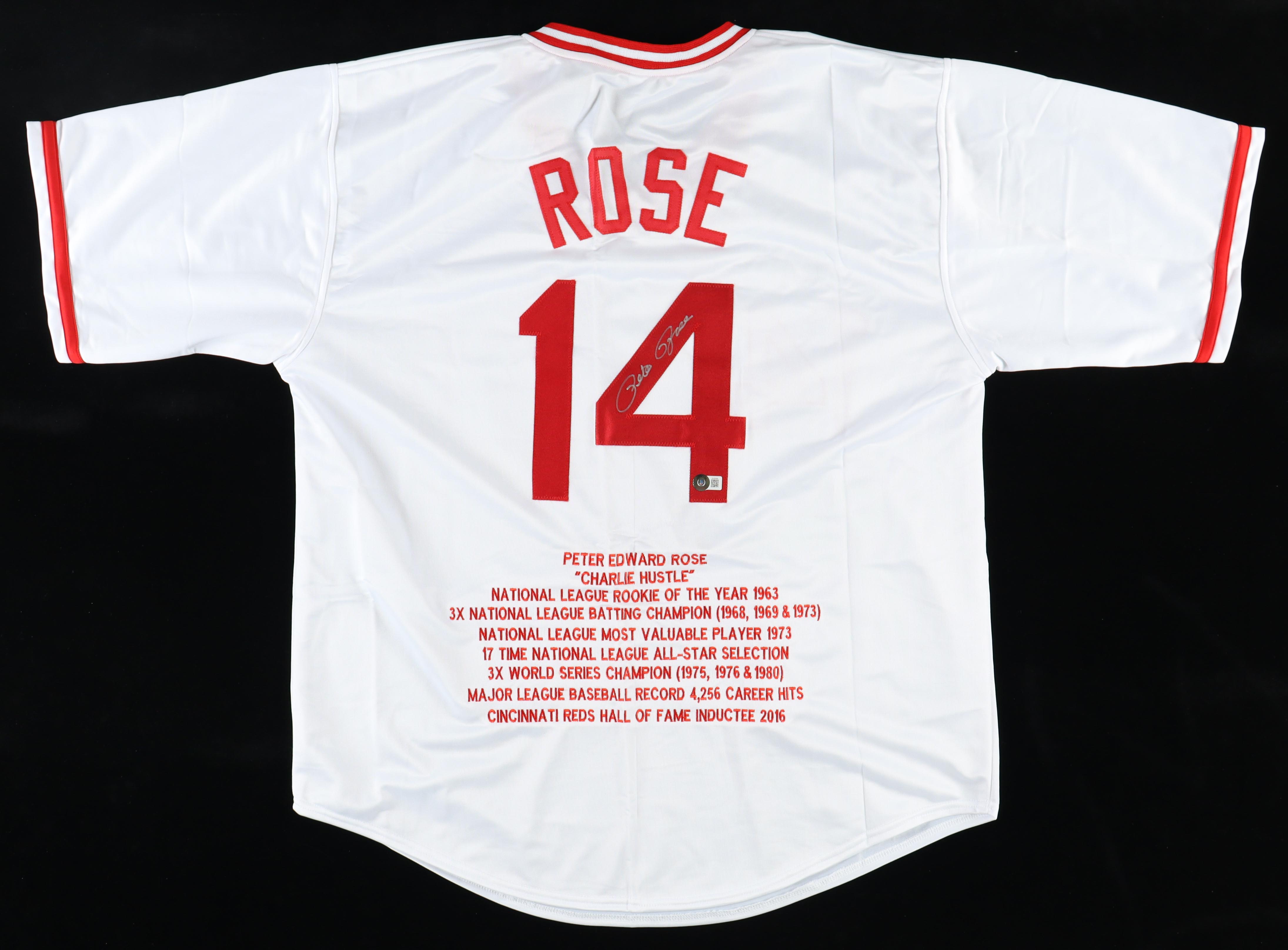 Pete Rose Signed Career Highlight Stat Jersey (Beckett) at PristineAuction.com Pete Rose Signed Career Highlight Stat Jersey (Beckett) at PristineAuction.com