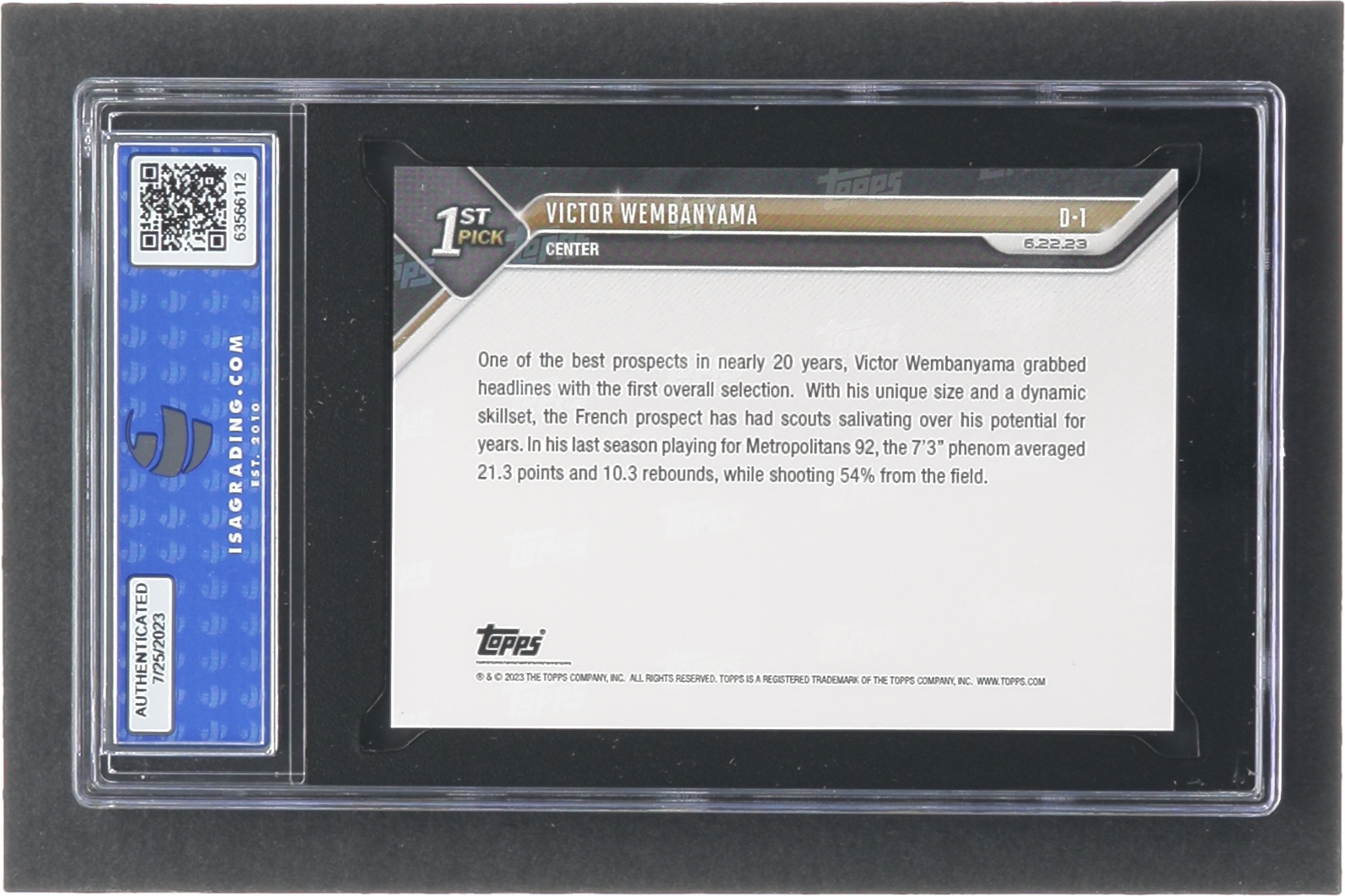 Victor Wembanyama 2023 Topps Now Draft #D1 RC (ISA 10) at PristineAuction.com Victor Wembanyama 2023 Topps Now Draft #D1 RC (ISA 10) at PristineAuction.com