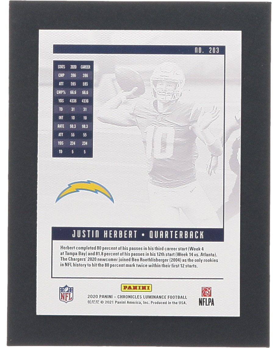 Justin Herbert 2020 Panini Luminance #203 RC / CHRONICLES at PristineAuction.com Justin Herbert 2020 Panini Luminance #203 RC / CHRONICLES at PristineAuction.com