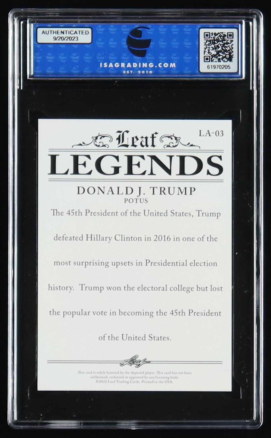 Donald Trump 2022 Leaf Legends Achievement #LA-03 (ISA 10) at PristineAuction.com Donald Trump 2022 Leaf Legends Achievement #LA-03 (ISA 10) at PristineAuction.com