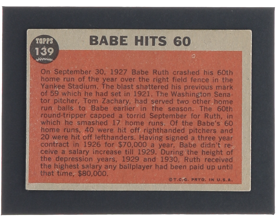 Babe Hits 60 Pole 1962 Topps #139A1 Babe Ruth Special 5 at PristineAuction.com Babe Hits 60 Pole 1962 Topps #139A1 Babe Ruth Special 5 at PristineAuction.com