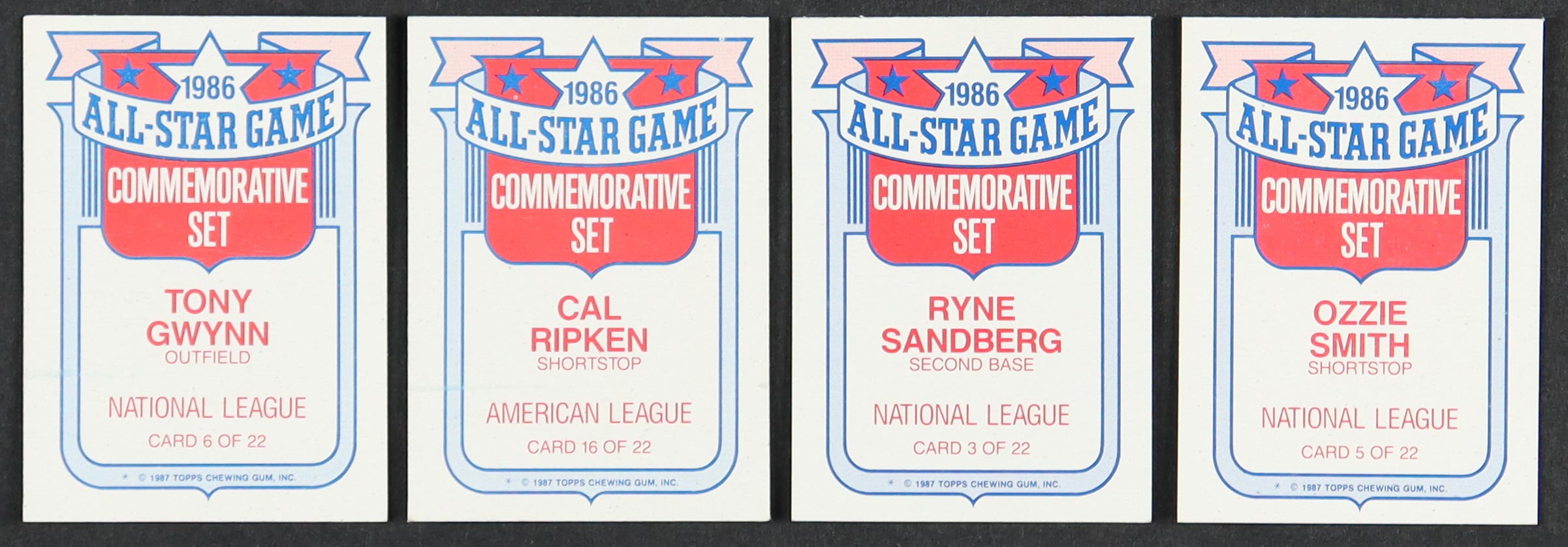 1987 Topps Baseball All-Star Game Complete Commemorative Set of (22) Cards with Tony Gwynn #6, Cal Ripken #16, Ryne Sandberg #3 & Ozzie Smith #5 at PristineAuction.com 1987 Topps Baseball All-Star Game Complete Commemorative Set of (22) Cards with Tony Gwynn #6, Cal Ripken #16, Ryne Sandberg #3 & Ozzie Smith #5 at PristineAuction.com