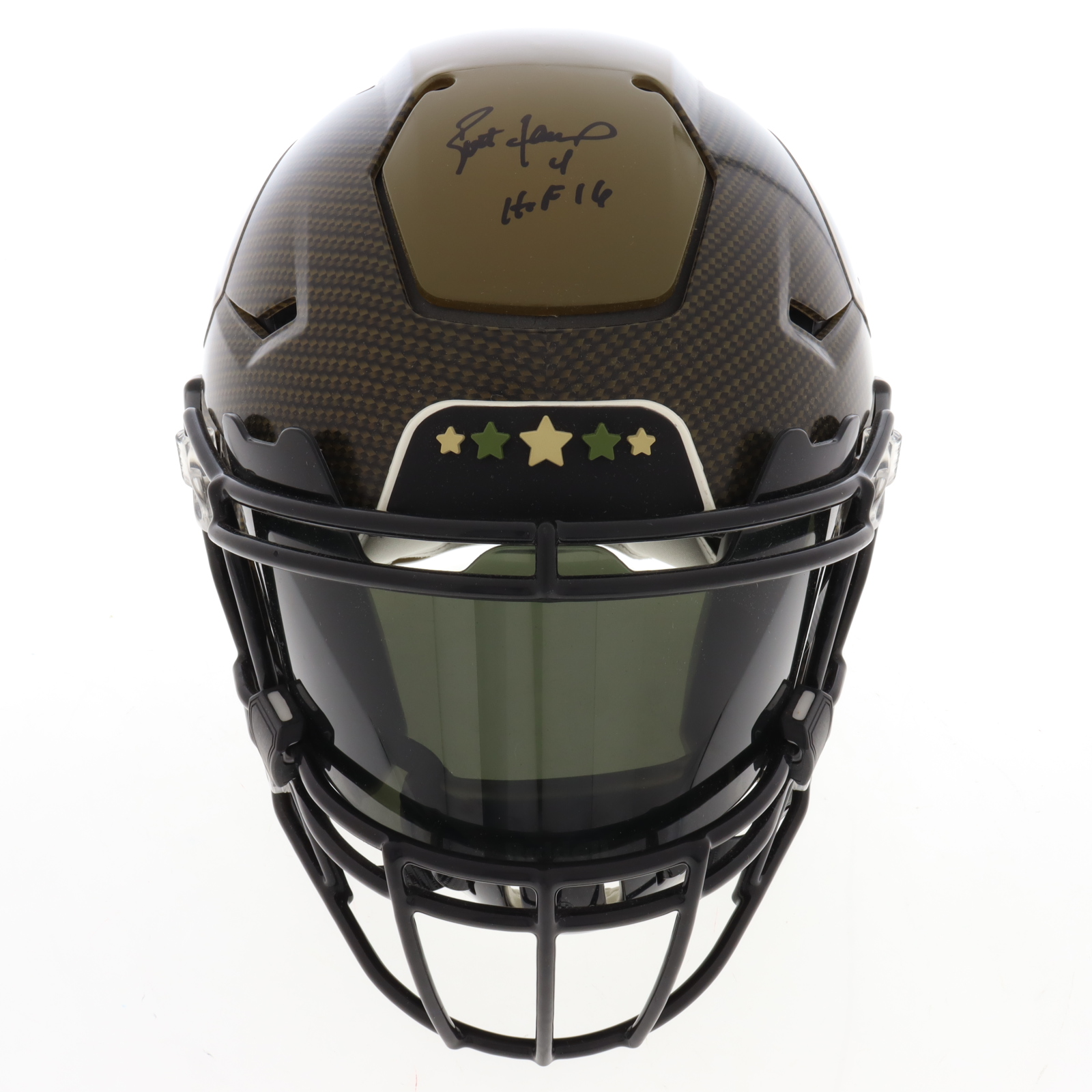Brett Favre Signed Packers Full Size Authentic On-Field Salute to Service Alternate Speed-Flex Helmet With Visor (Favre) at PristineAuction.com Brett Favre Signed Packers Full Size Authentic On-Field Salute to Service Alternate Speed-Flex Helmet With Visor (Favre) at PristineAuction.com